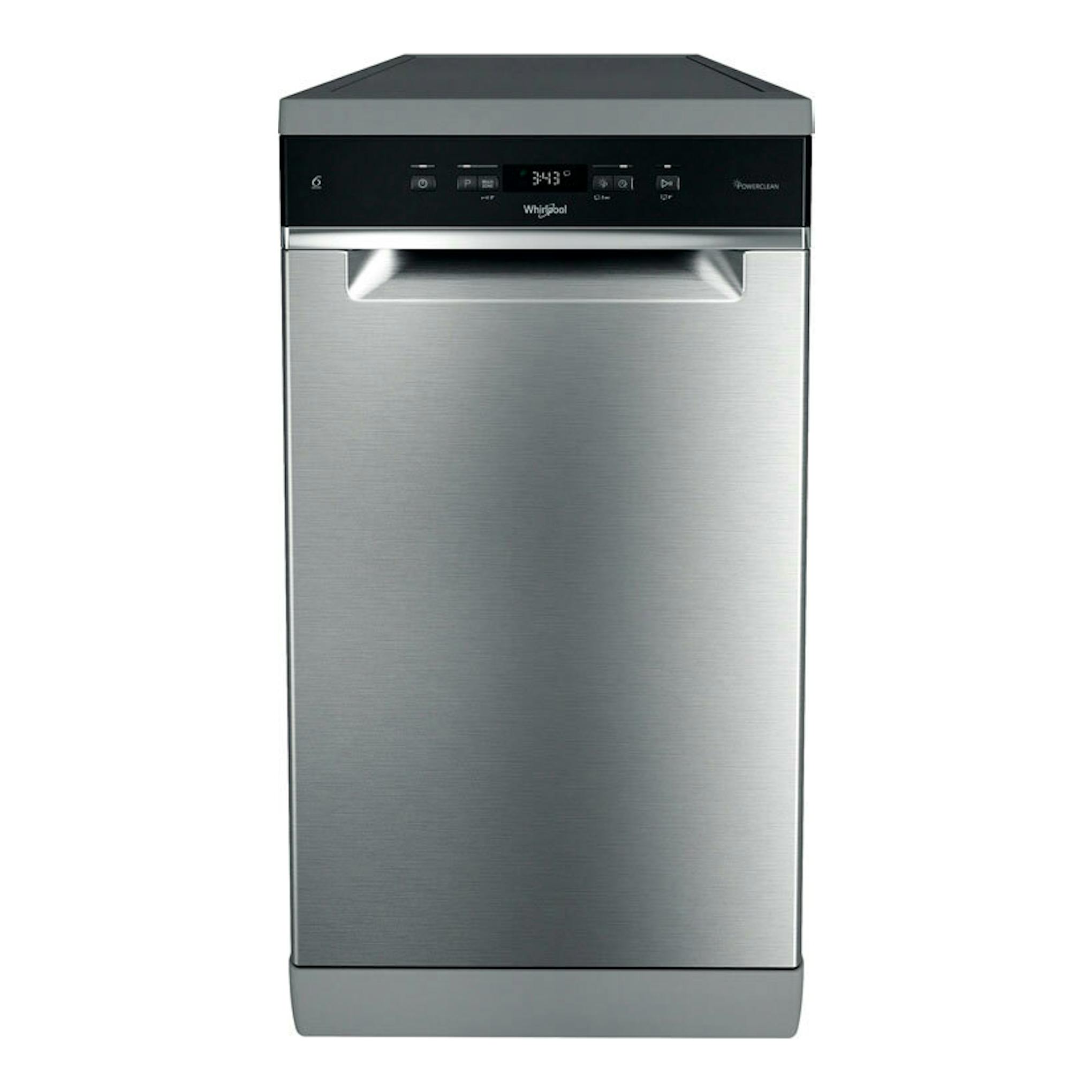 Lavavajillas Whirlpool WH6FC11BS7A0X de acero inoxidable, vista frontal, con panel negro superior.