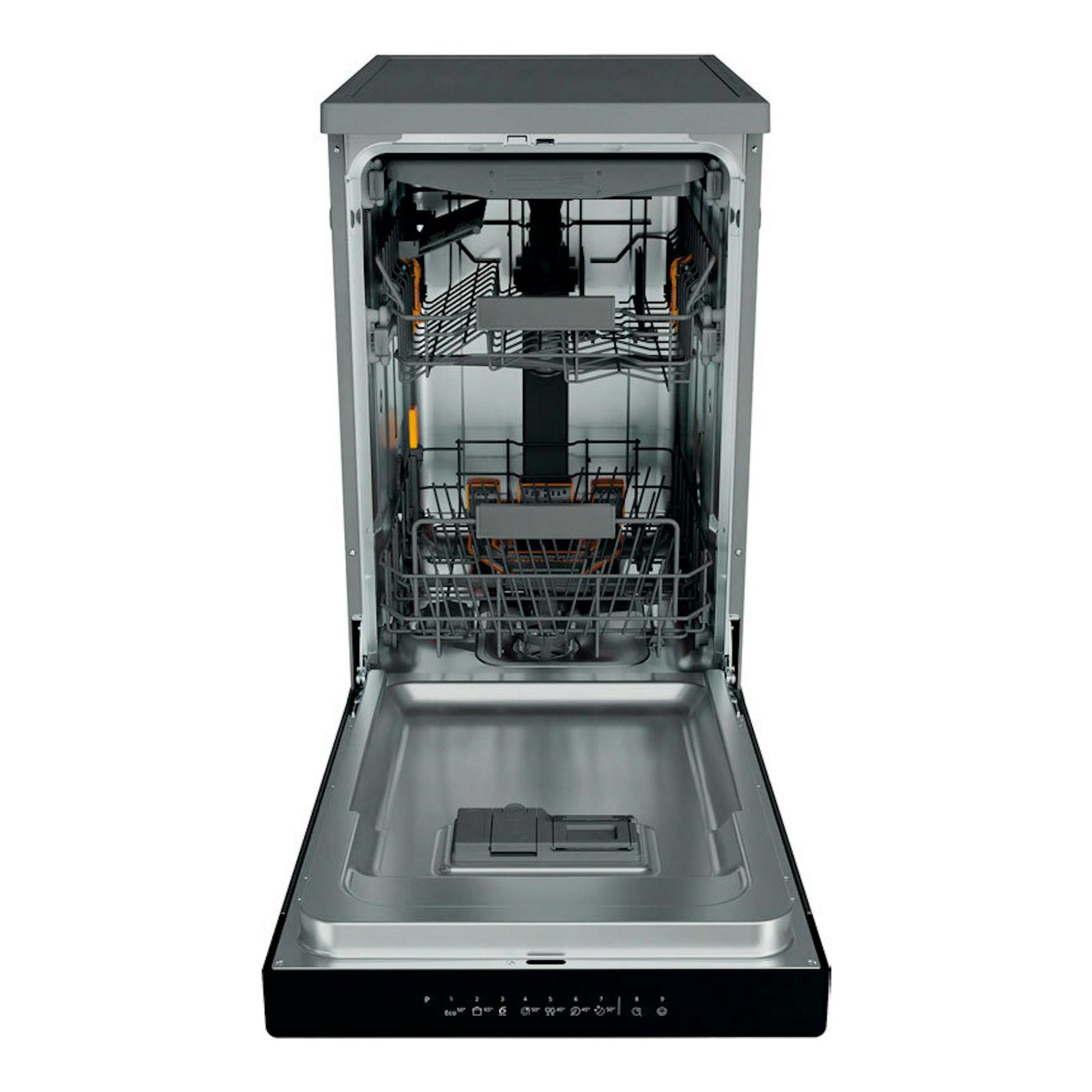 Lavavajillas Whirlpool WH6FC11BS7A0X de 45 cm, abierto de frente, interior gris con cestas visibles.