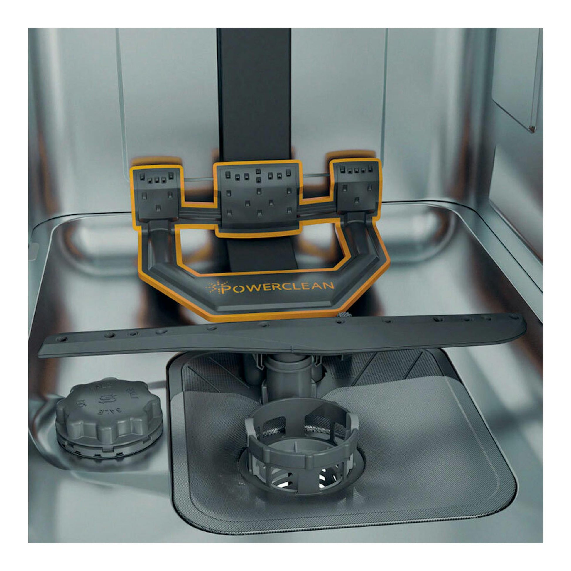 Interior de lavavajillas Whirlpool WH6FC11BS7A0X, con cesta PowerClean y filtro, vista frontal interior gris.