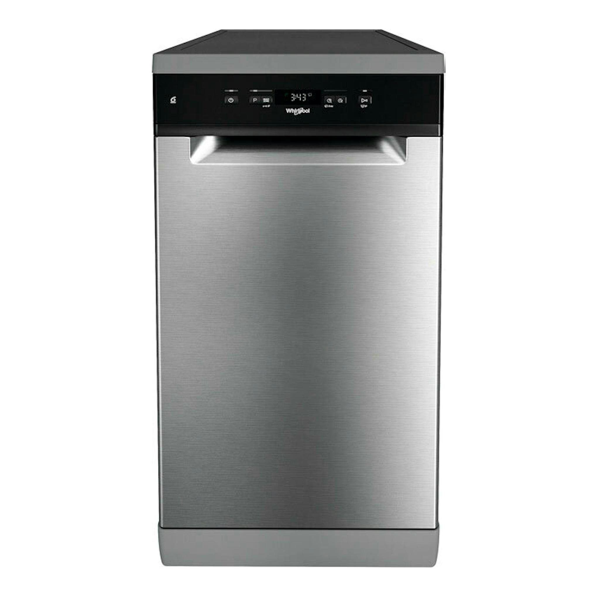 Lavavajillas Whirlpool WSFC 3M27 X en acero inoxidable, vista frontal.