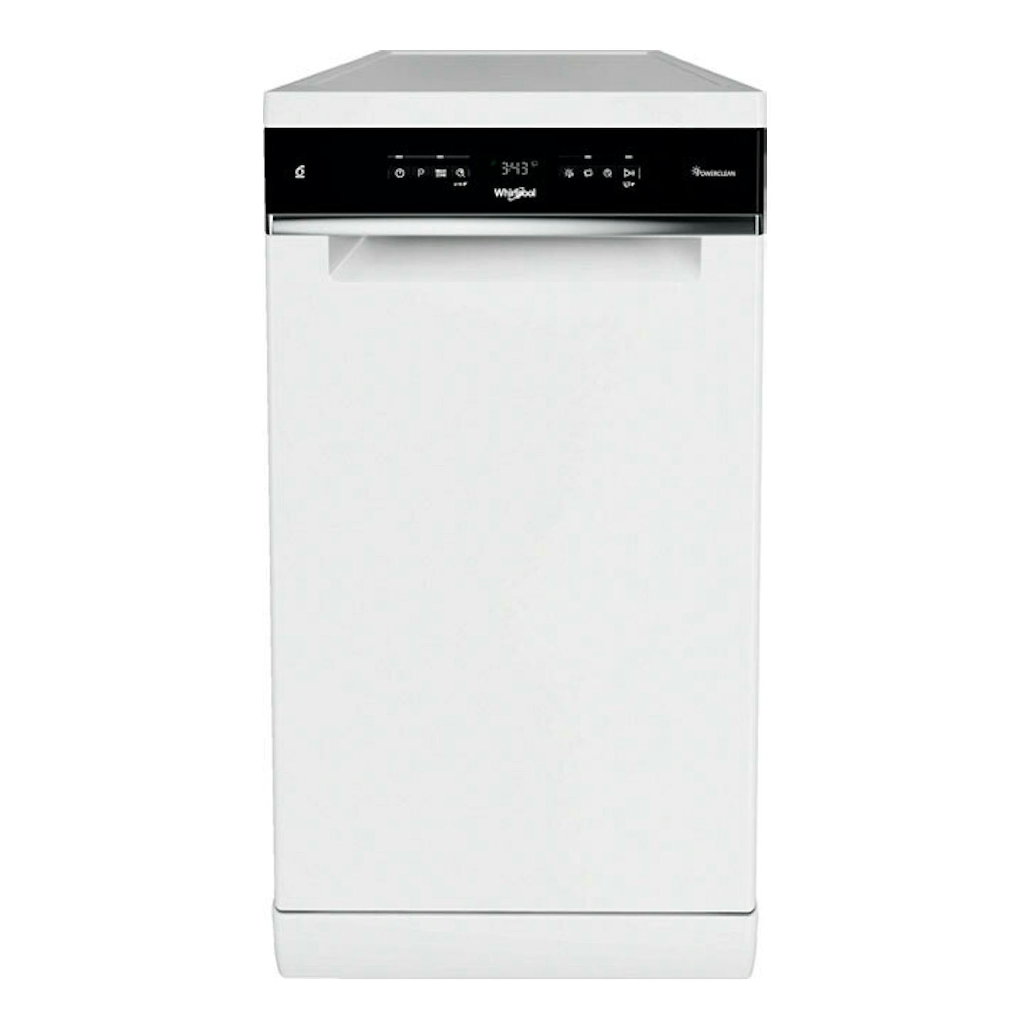 Lavavajillas Whirlpool WSFO 3B23 P blanco, vista frontal, con panel de control negro superior.