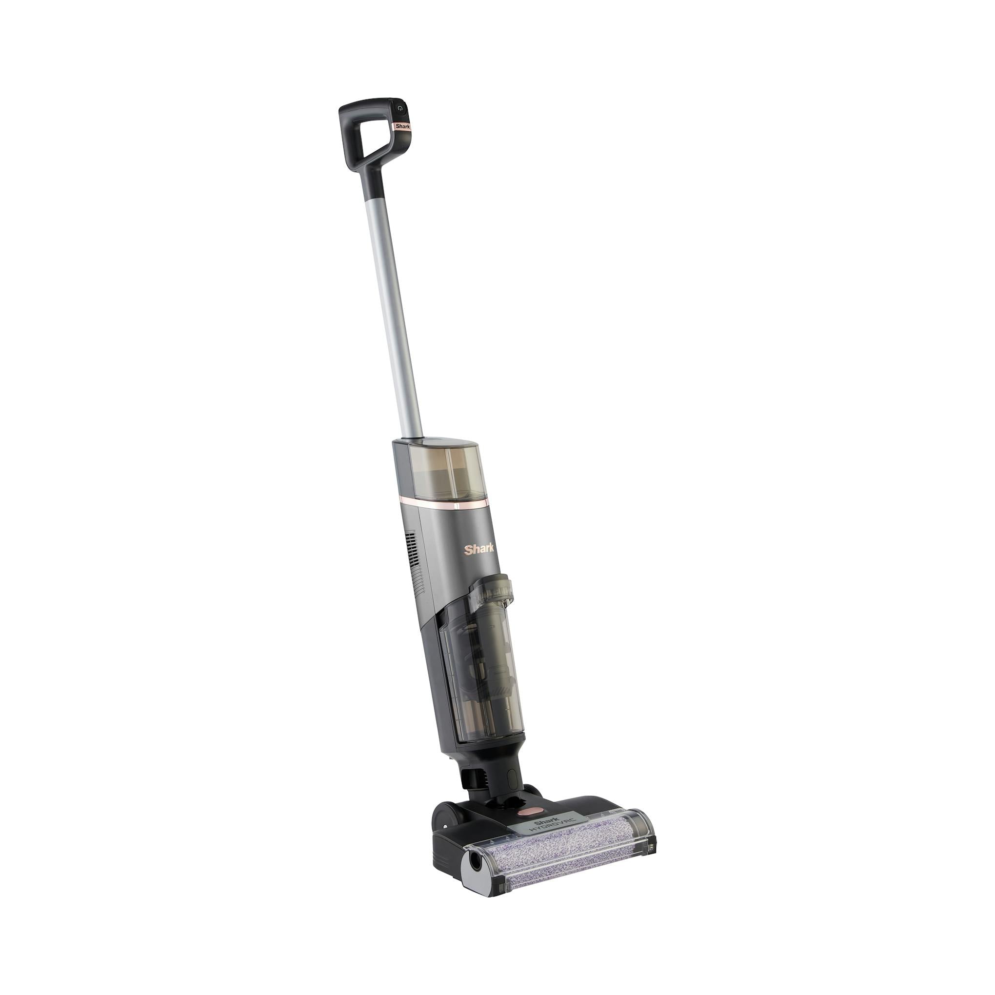 Limpiador de suelos Shark HydroVac WD210EU, vista frontal en ángulo, negro y gris, sobre fondo blanco.