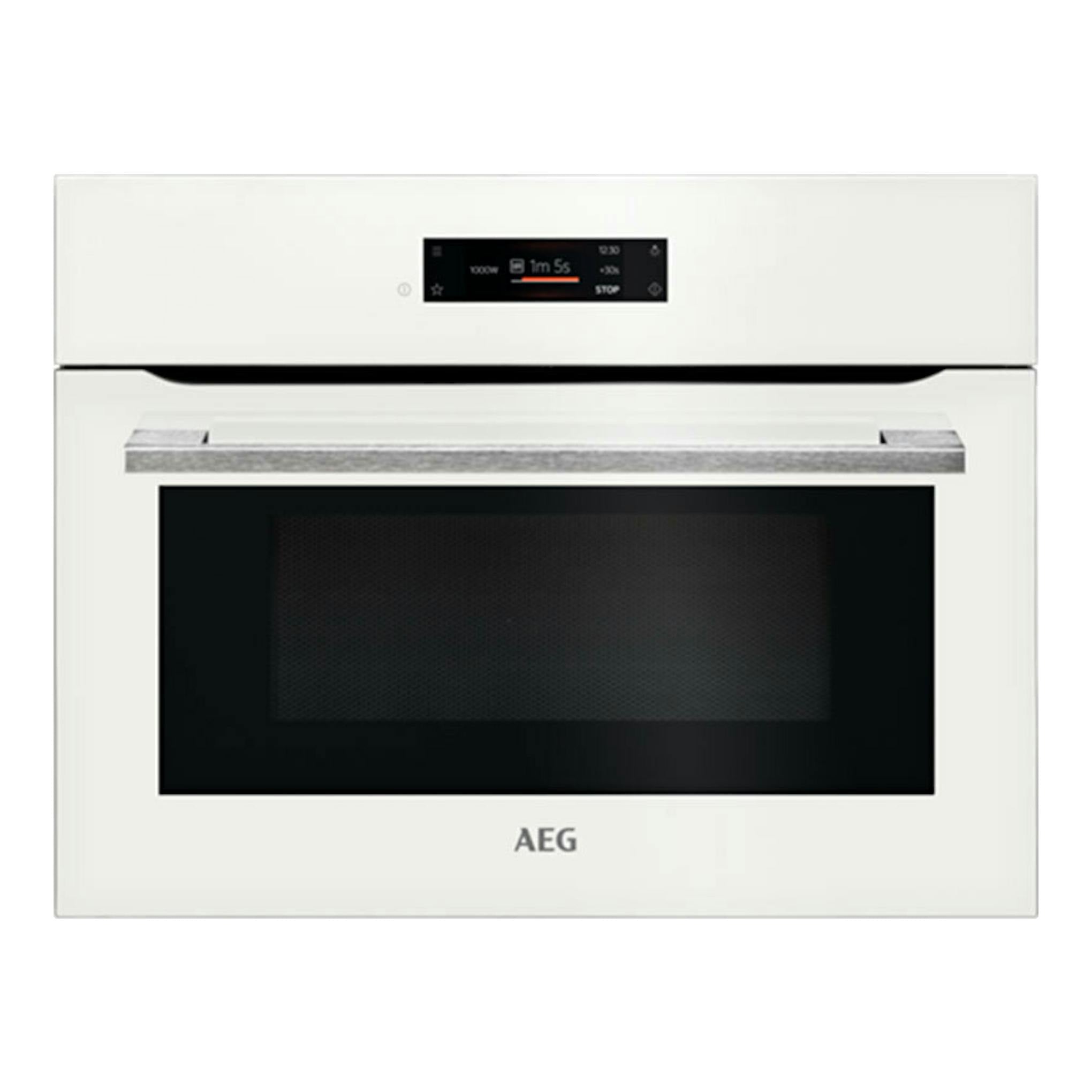 Microondas empotrable AEG KMK721880W blanco, vista frontal con puerta negra y panel digital superior.