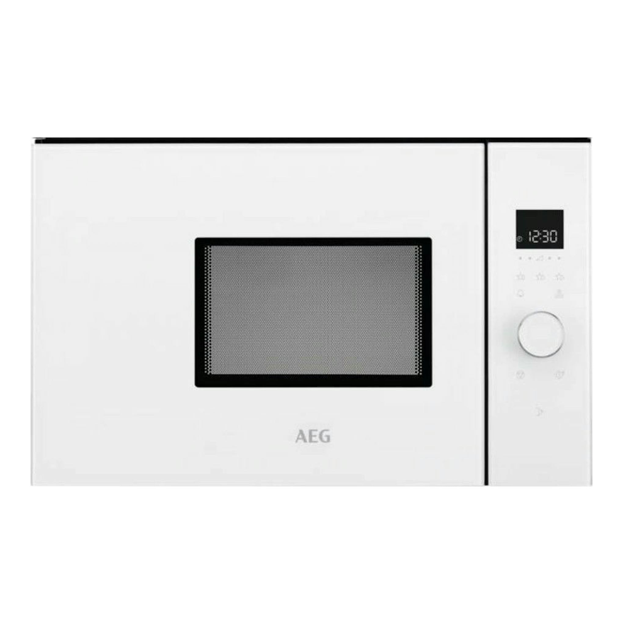 Microondas AEG MBB1756SEW blanco, vista frontal, con puerta negra y panel digital a la derecha.