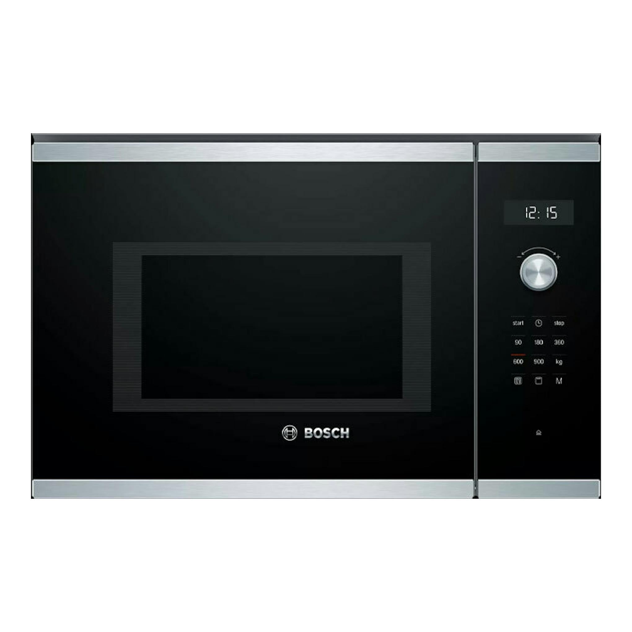 Microondas empotrable Bosch BEL554MS0 negro, vista frontal con display y mando plateado.