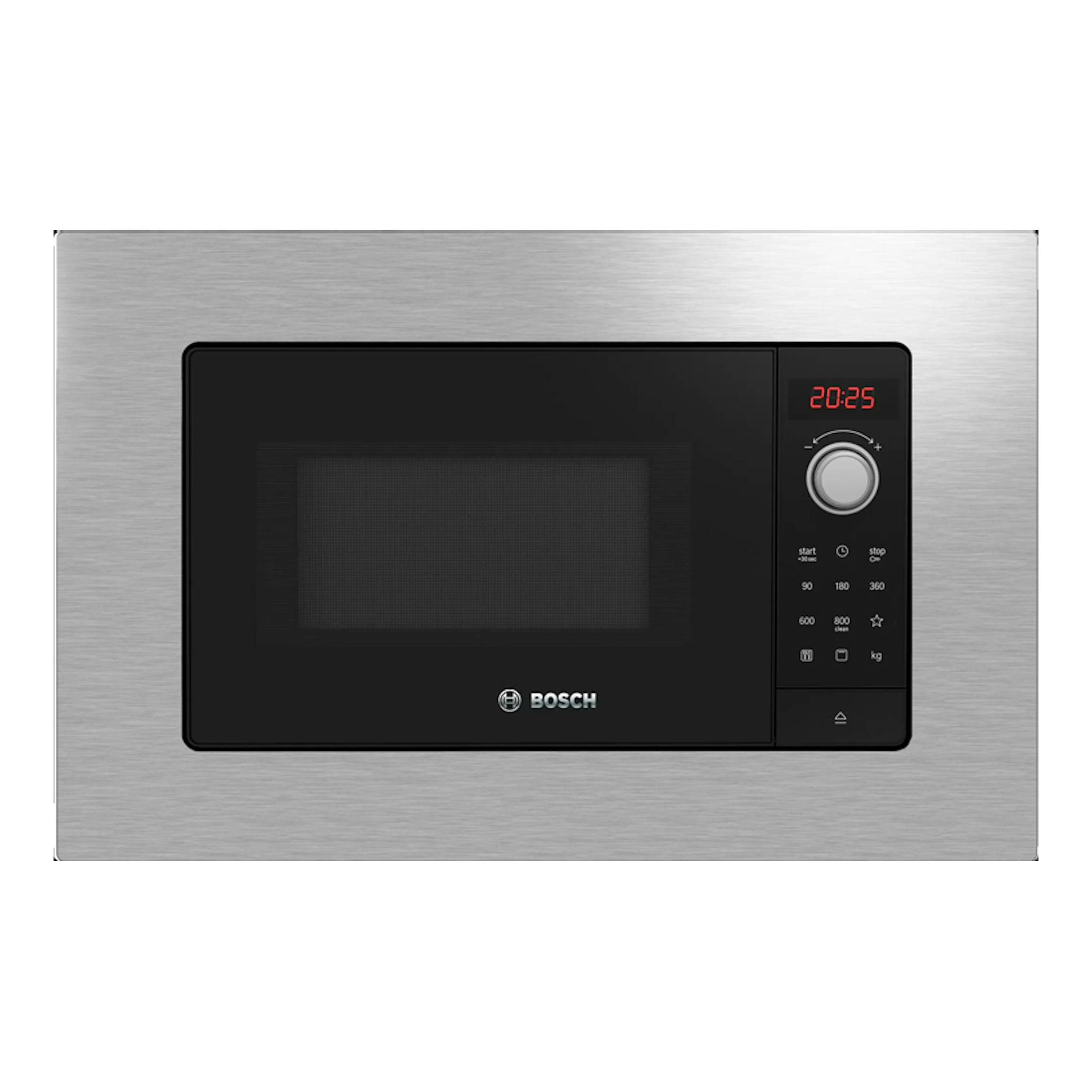 Microondas empotrable Bosch BEL623MS3 en inox, vista frontal, puerta negra y panel digital a la derecha.