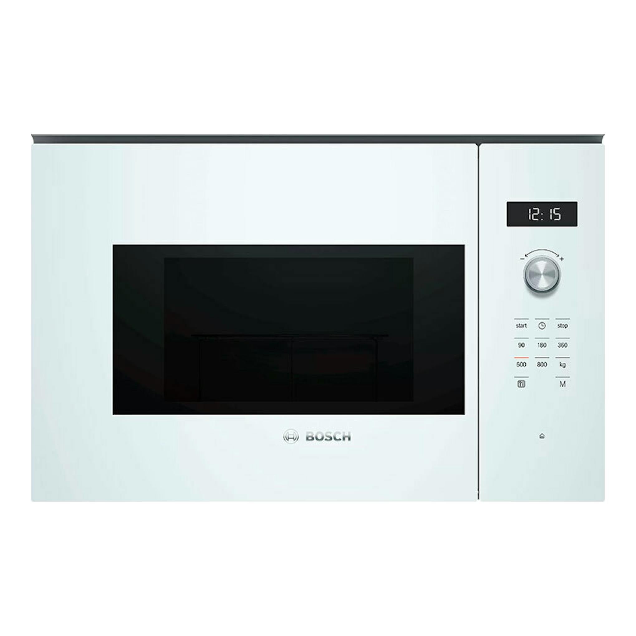 Microondas Bosch BFL524MW0 blanco, vista frontal, con puerta negra y panel de control digital a la derecha.
