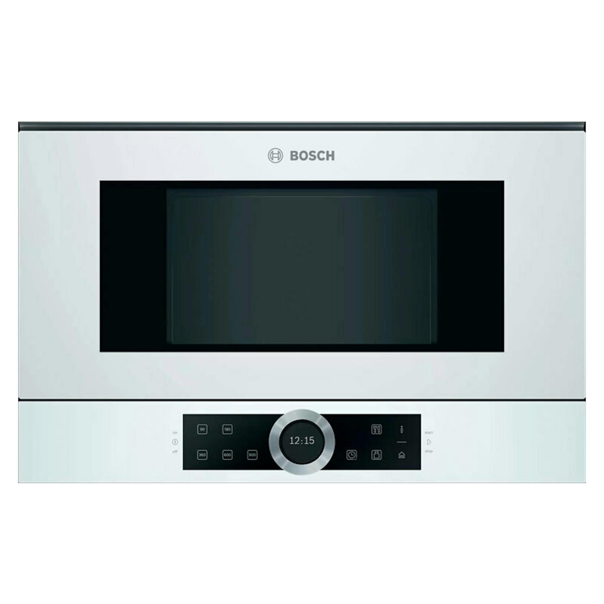 Microondas Bosch BFL634GW1 blanco con frontal de cristal y panel de control