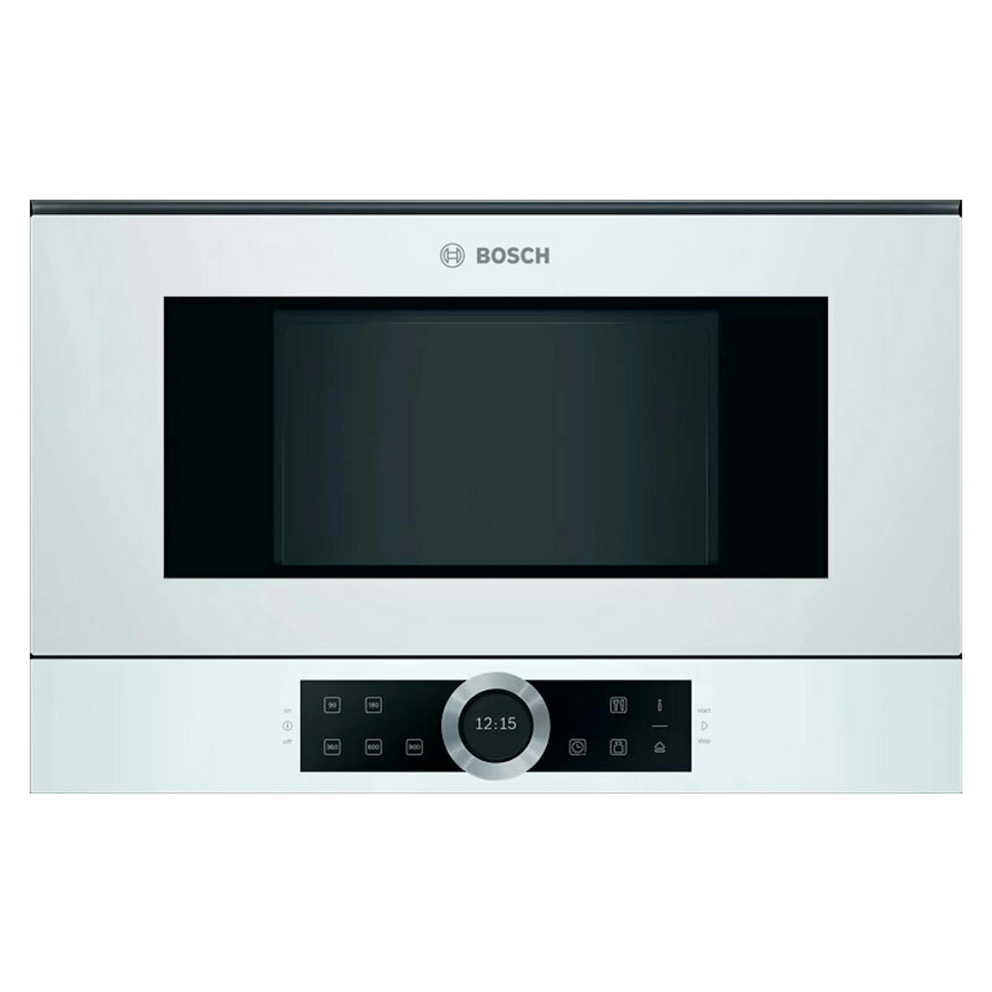 Microondas Bosch BFL634GW1 blanco con frontal de cristal y panel de control