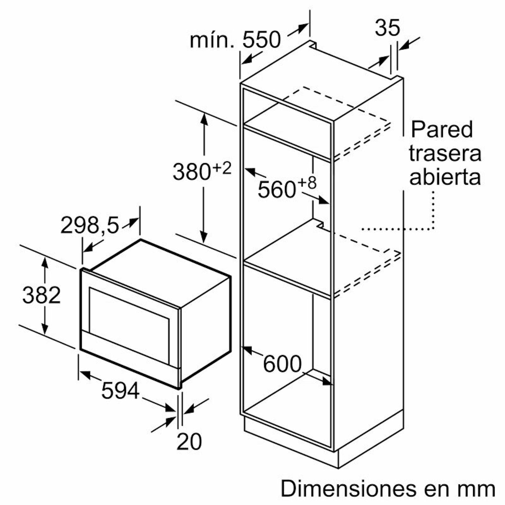 Bosch BFL634GW1 microondas blanco, esquema de dimensiones de instalación en mueble