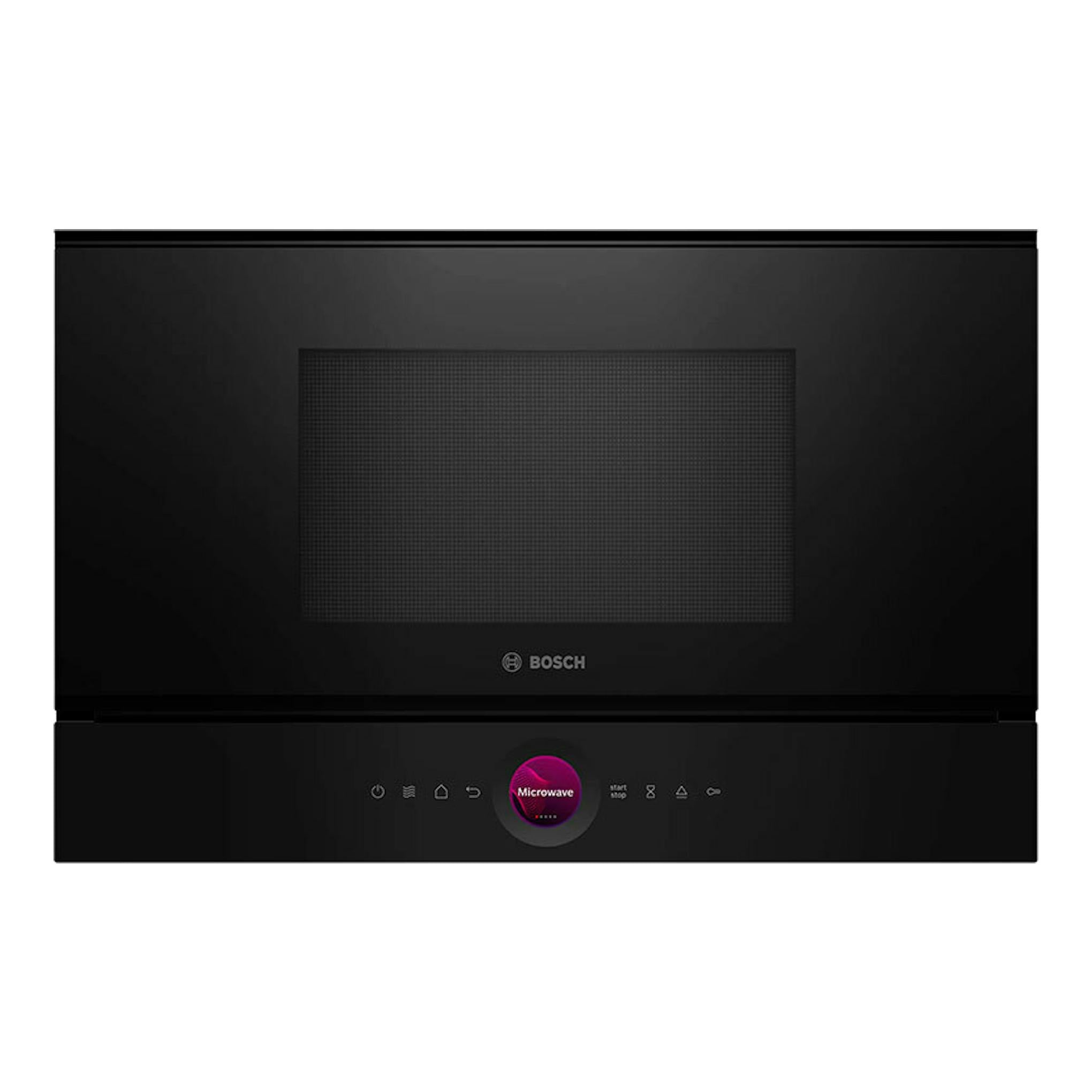 Microondas Bosch BFL7221B1 negro, vista frontal, con puerta de vidrio oscuro y panel táctil.