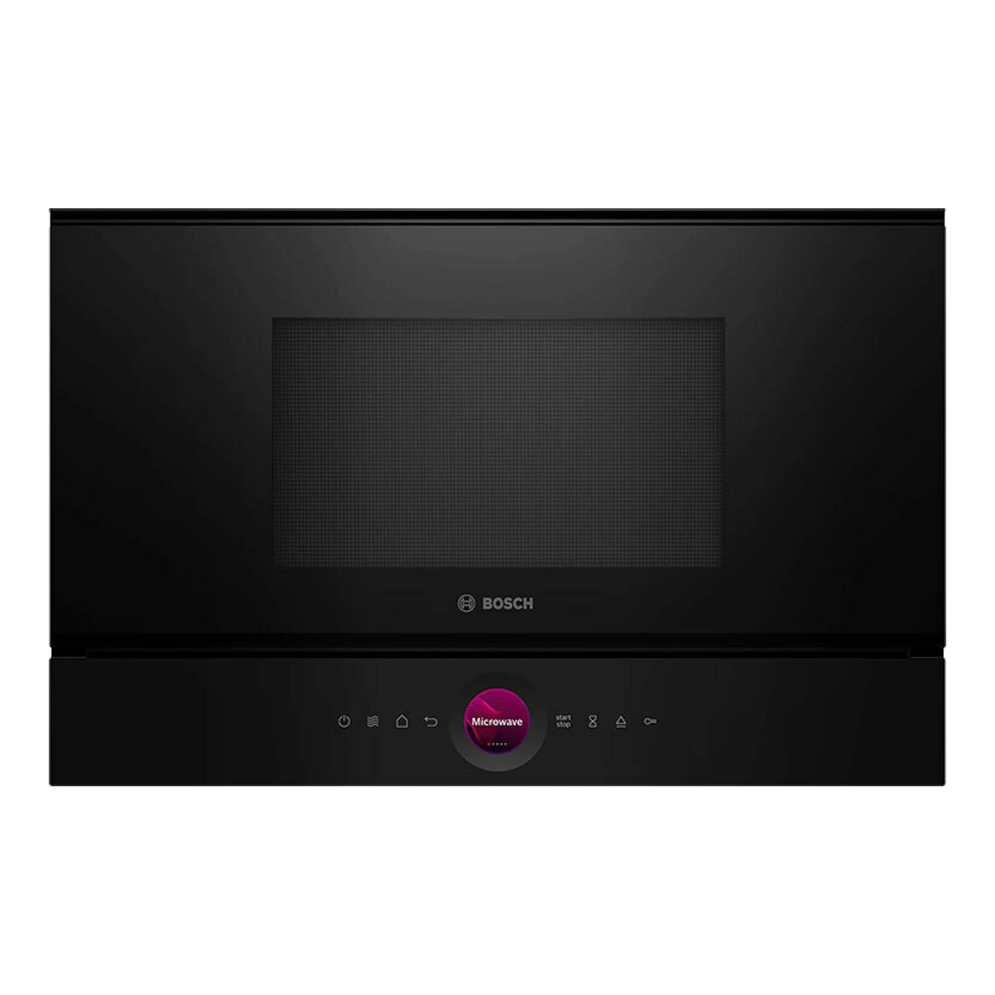 Microondas Bosch BFR7221B1 negro, vista frontal, con puerta de cristal y panel táctil inferior.