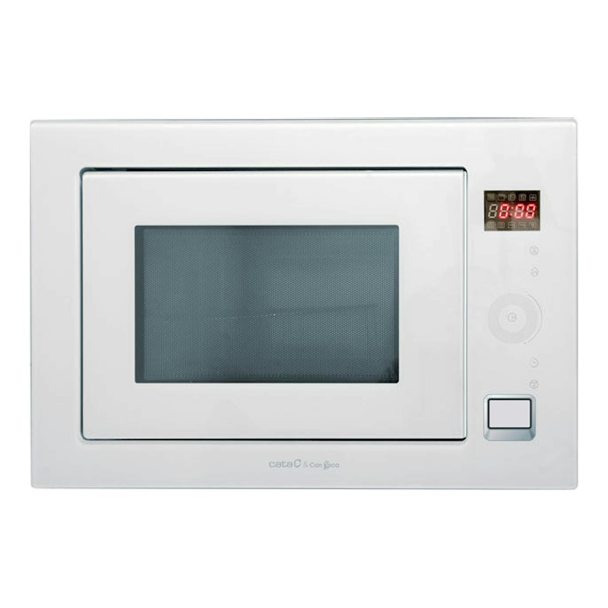 Microondas Cata MC 25GTCWH blanco, vista frontal, con panel digital y puerta de cristal oscuro.