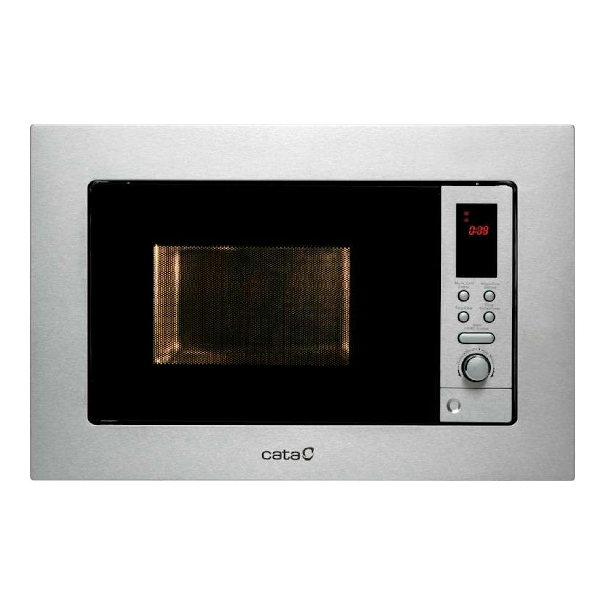 Microondas Cata MC20D inox, vista frontal, acabado de acero inoxidable con puerta negra y panel digital derecho.
