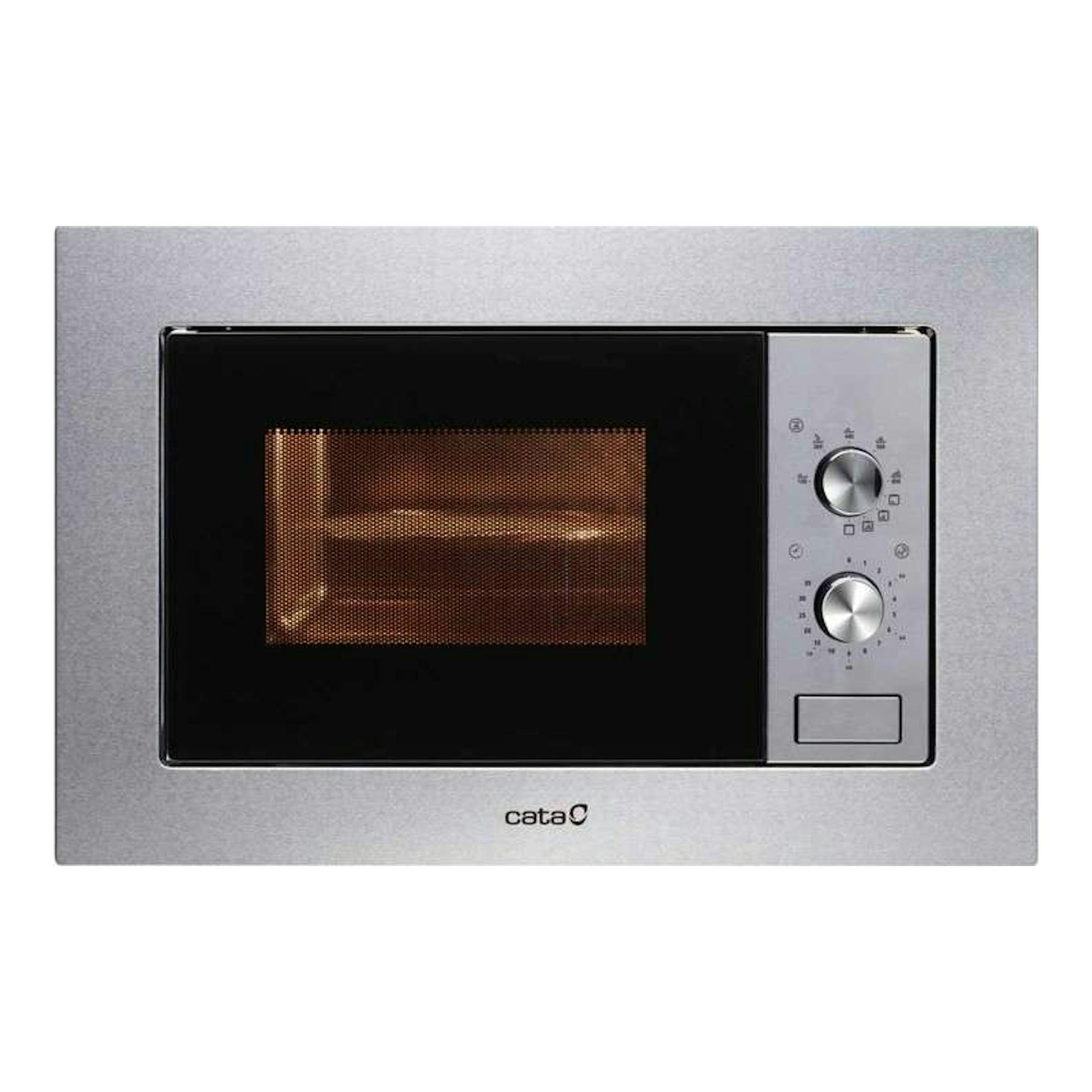 Microondas empotrable Cata MC20IX inox, vista frontal, puerta negra y panel de mandos con dos ruletas plateadas.