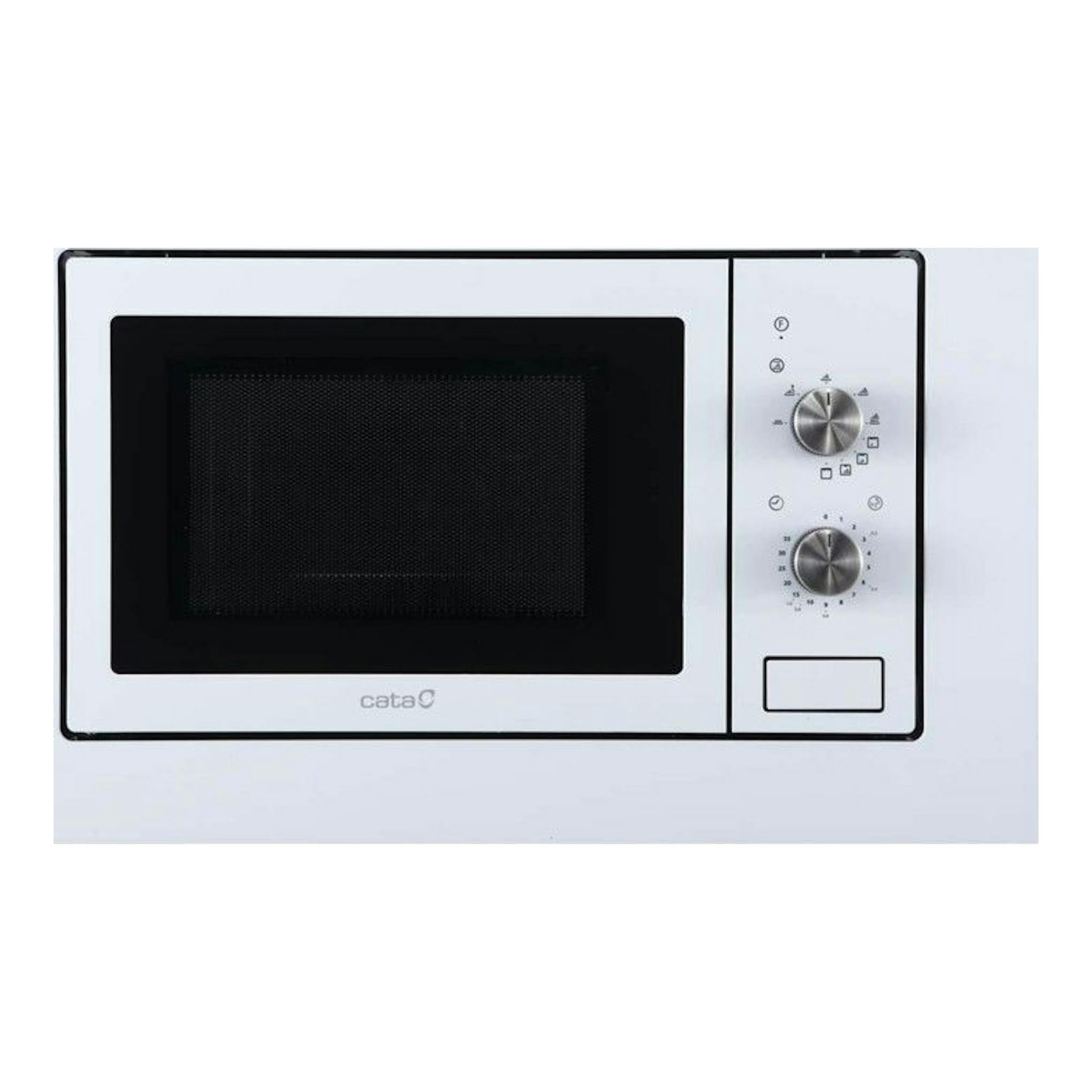 Microondas Cata MMA20 WH blanco, vista frontal, con puerta negra y dos mandos plateados a la derecha.