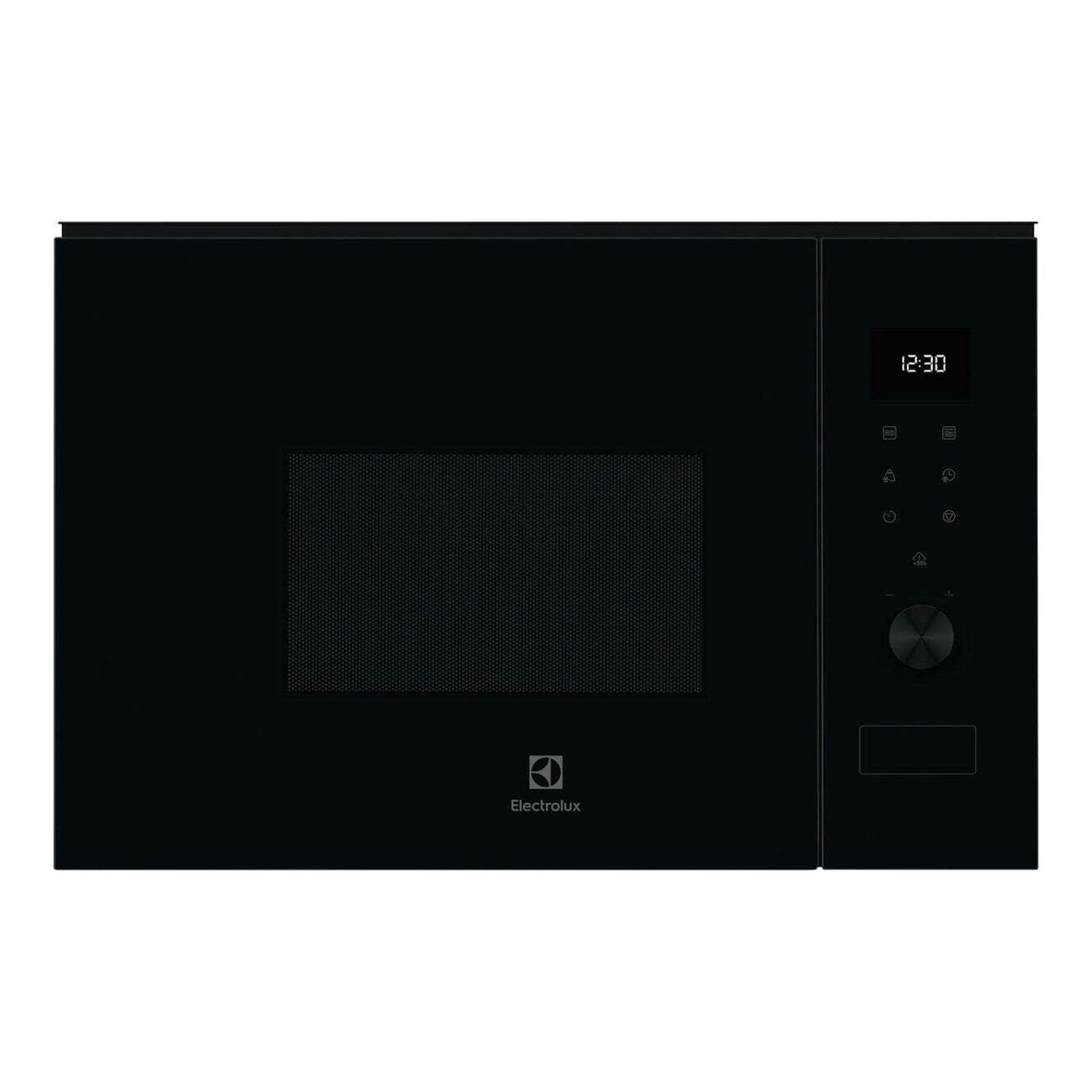 Microondas integrable negro Electrolux LMS4203TMK, vista frontal, con display digital y panel táctil.