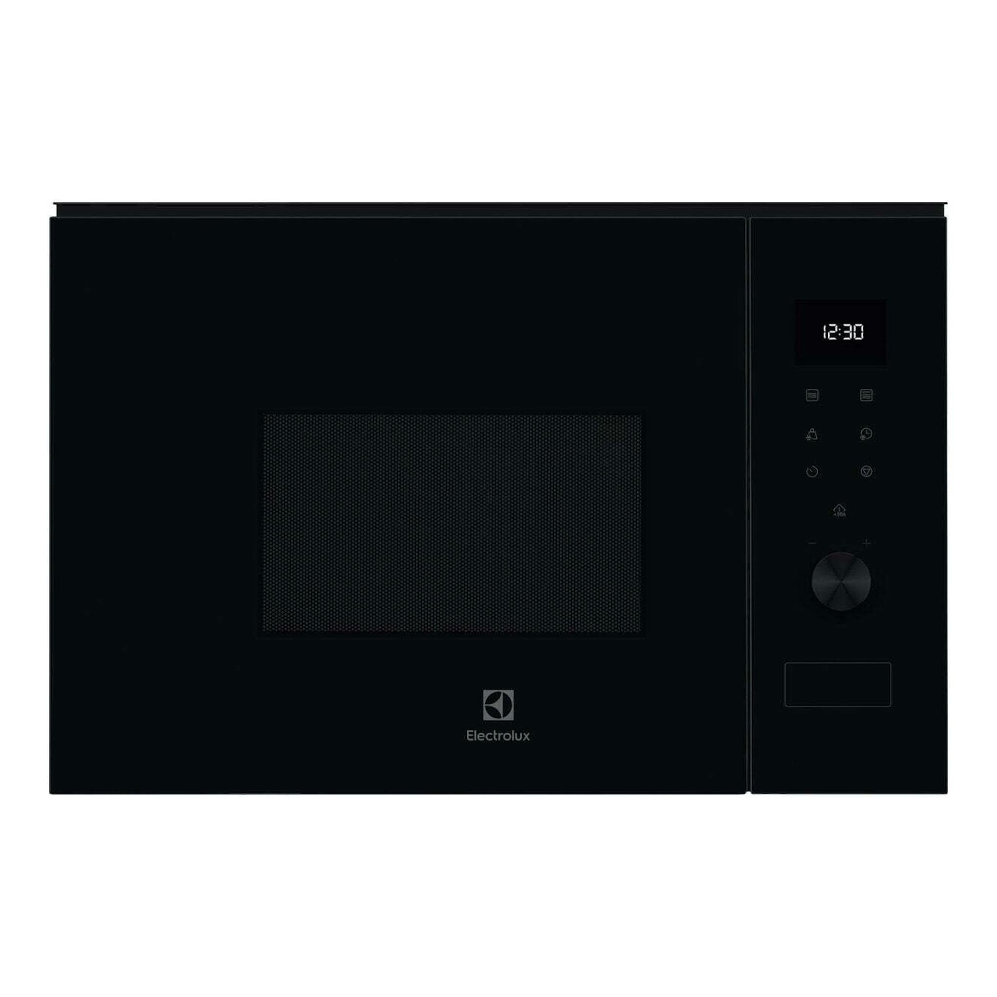Microondas integrable negro Electrolux LMS4203TMK, vista frontal, con display digital y panel táctil.