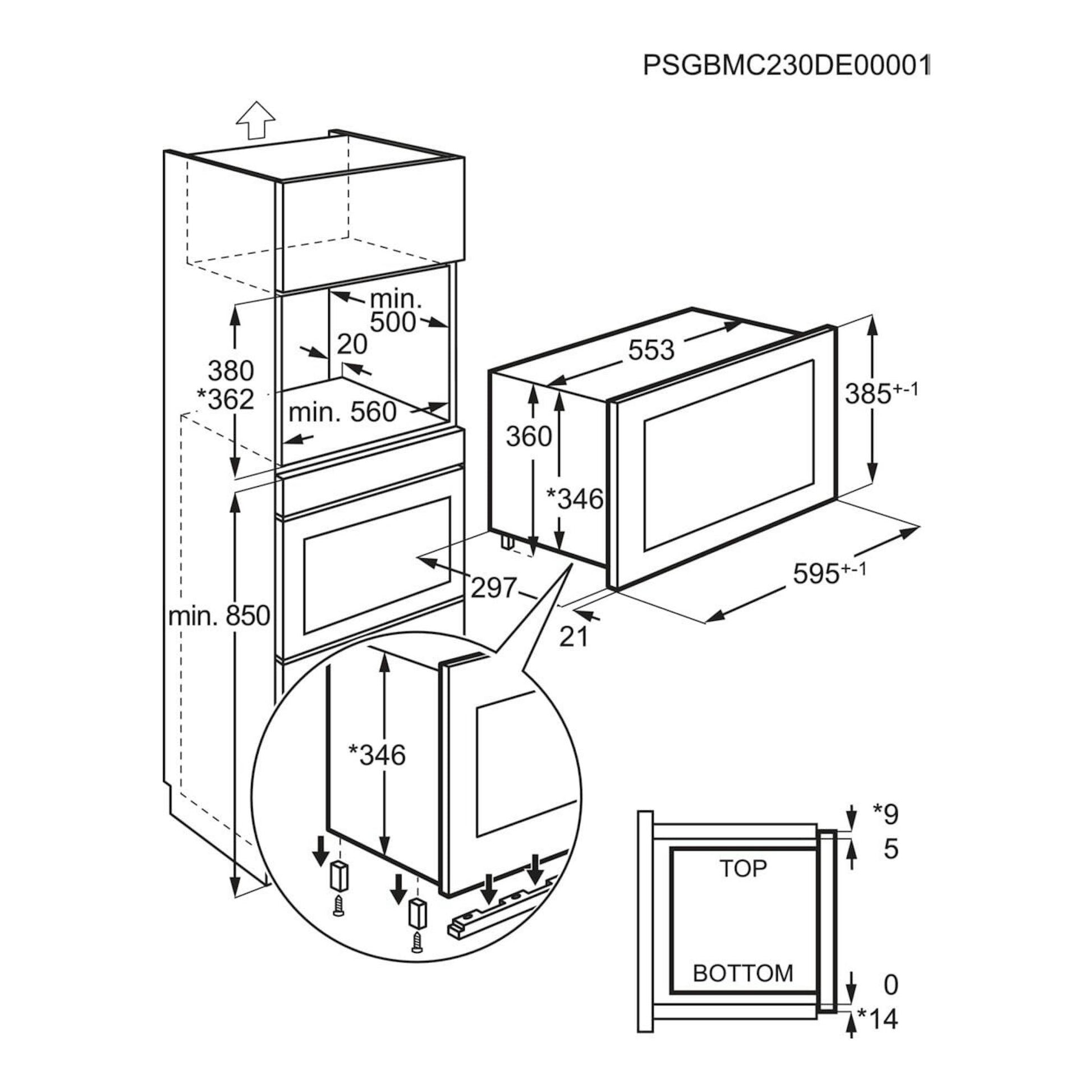 Diagrama de instalación de microondas integrable Electrolux LMS4203TMK, con medidas y vista frontal.