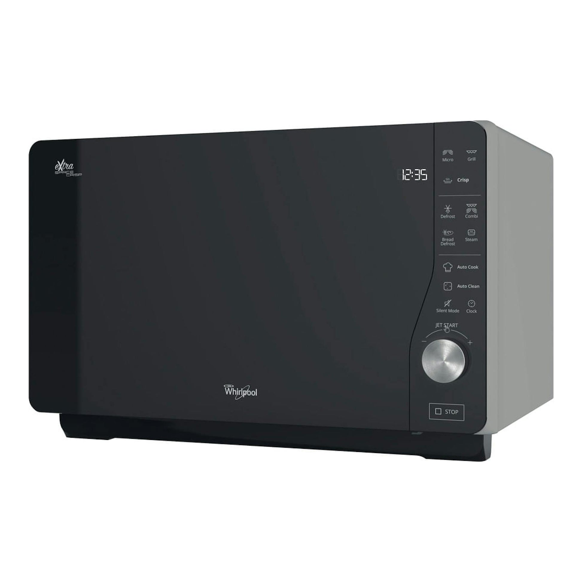 Microondas Whirlpool MWF 427 SL negro, vista frontal en ángulo, con panel digital y mando giratorio a la derecha.