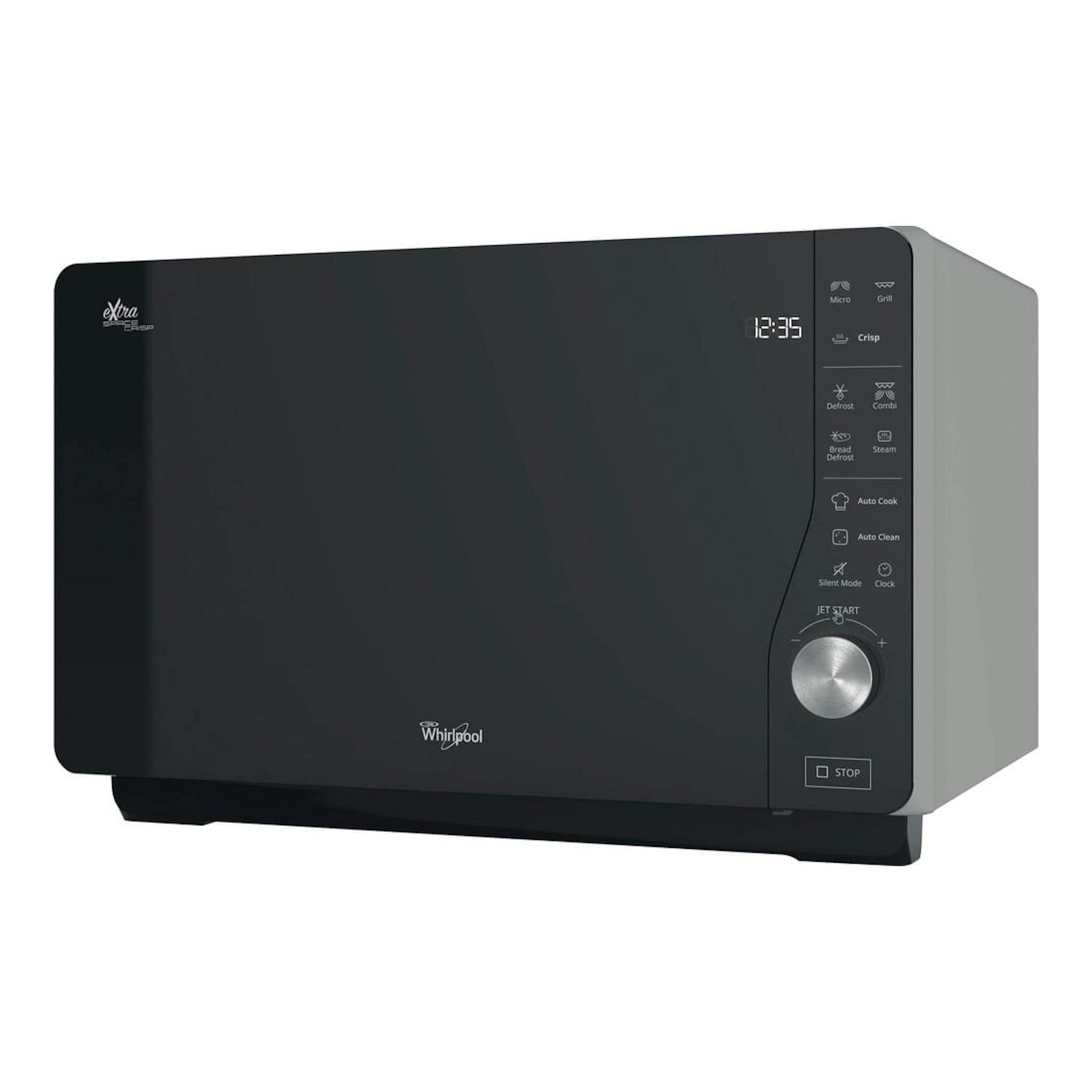 Microondas Whirlpool MWF 427 SL negro, vista frontal en ángulo, con panel digital y mando giratorio a la derecha.