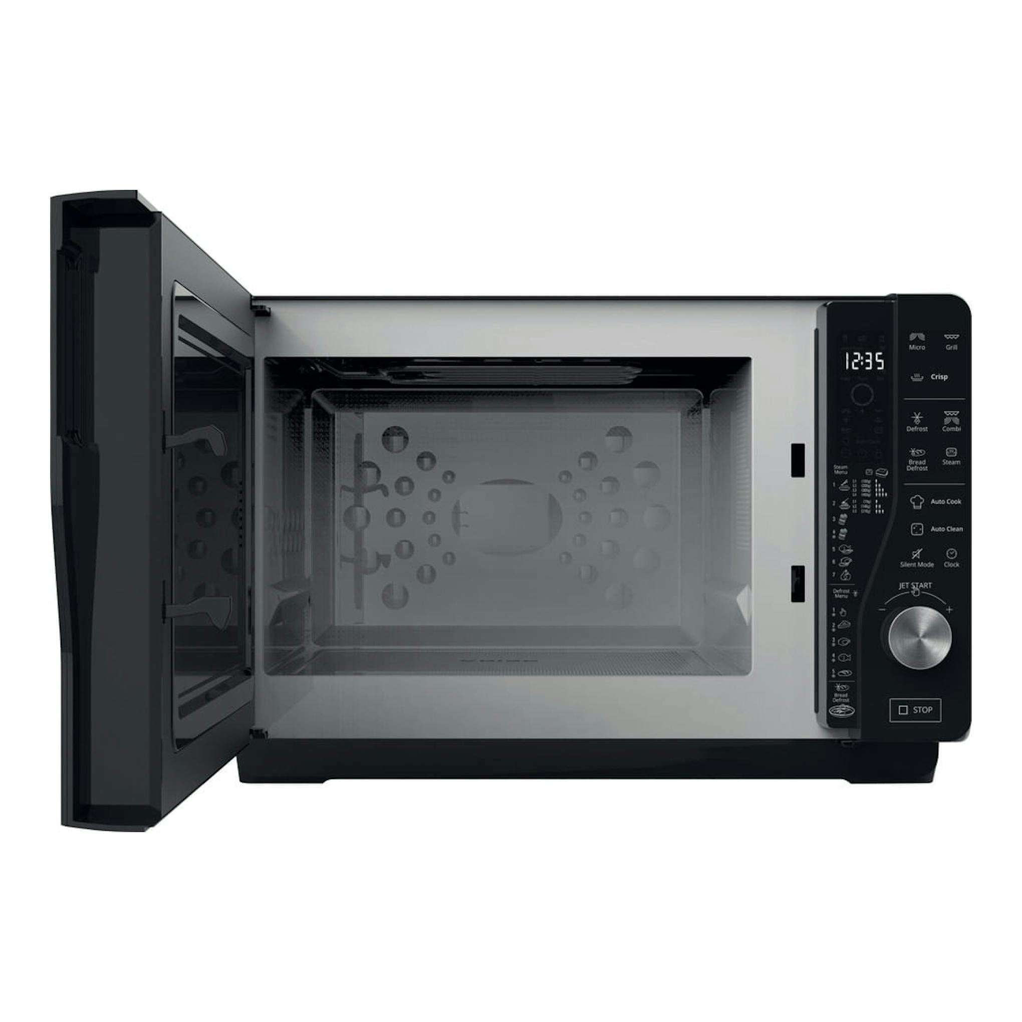 Microondas Whirlpool MWF 427 SL negro y plata, vista frontal con puerta abierta y panel digital.