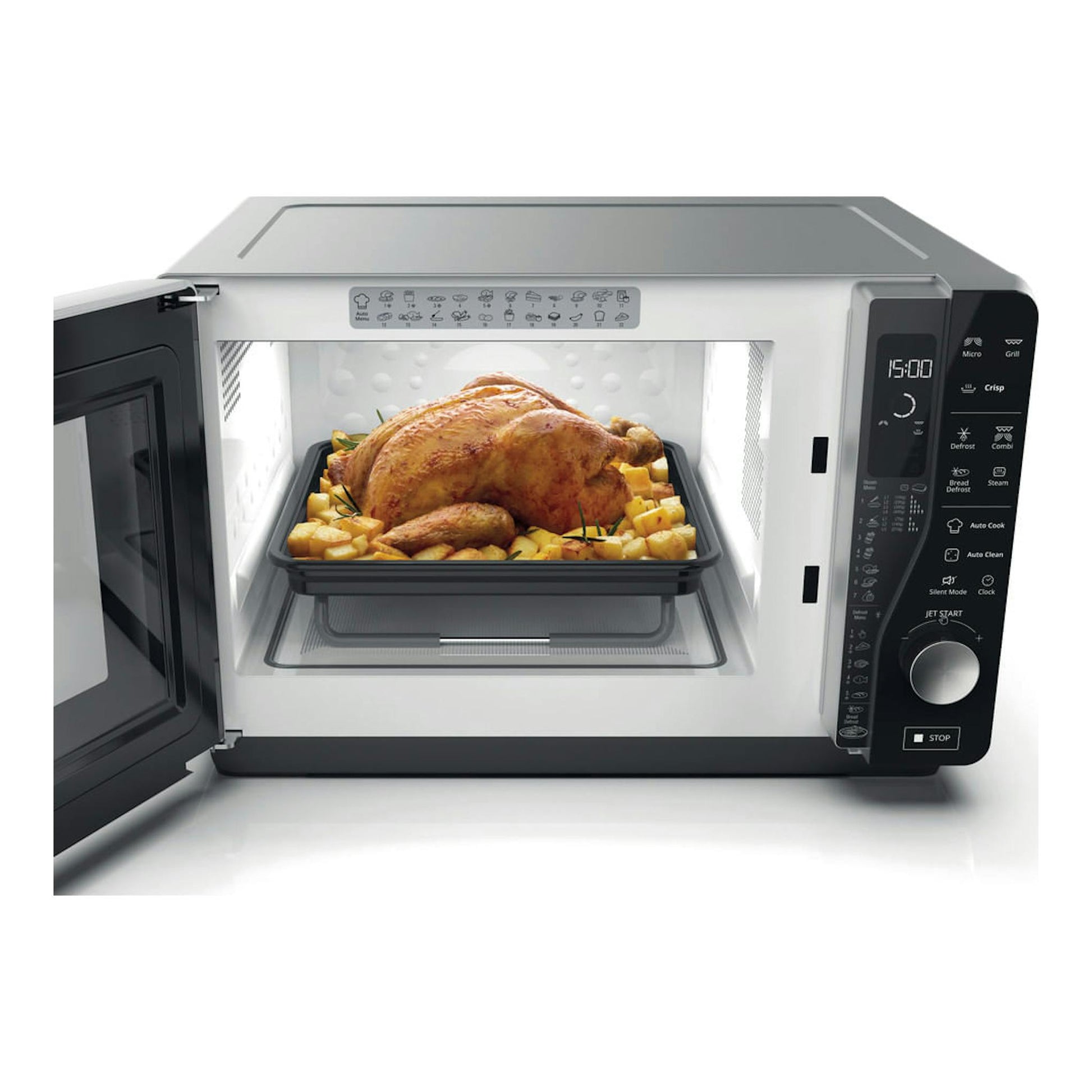 Microondas Whirlpool MWF 427 SL blanco y negro, vista frontal, puerta abierta, con pollo asado en bandeja interior.