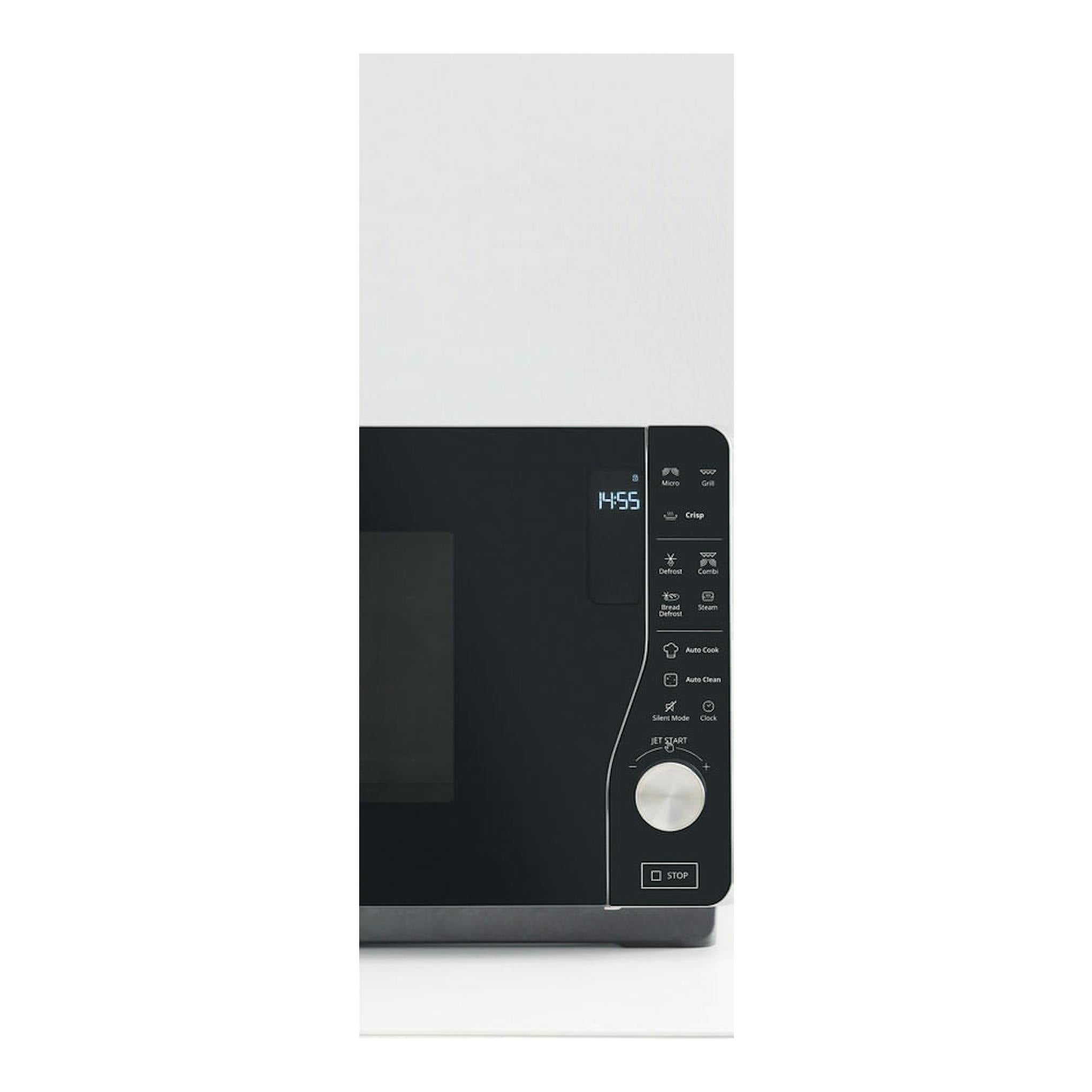 Microondas Whirlpool MWF 427 SL negro, vista frontal parcial con panel digital y botones laterales.