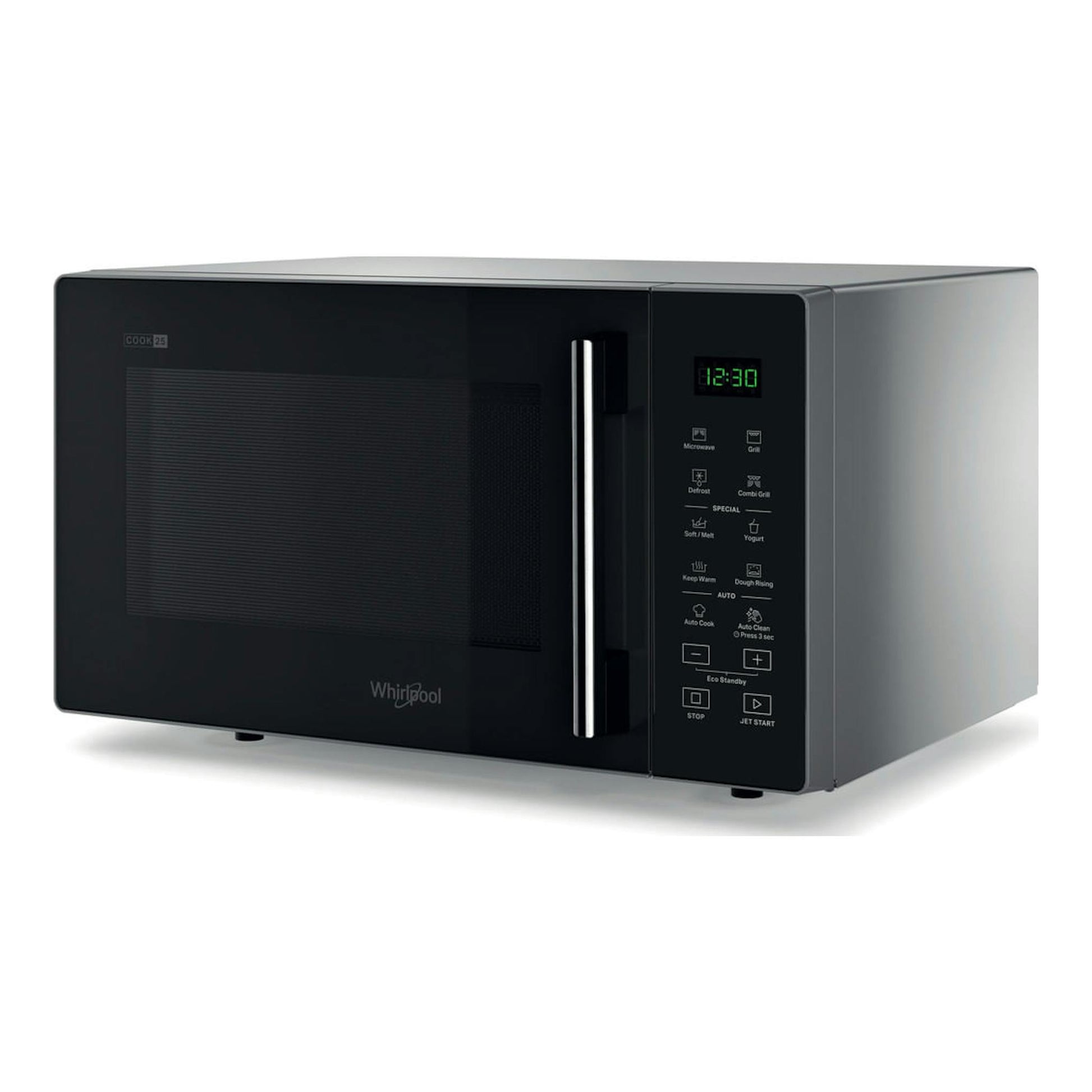 Microondas con grill Whirlpool MWP 253 SB negro, vista frontal en ángulo derecho, con panel digital.
