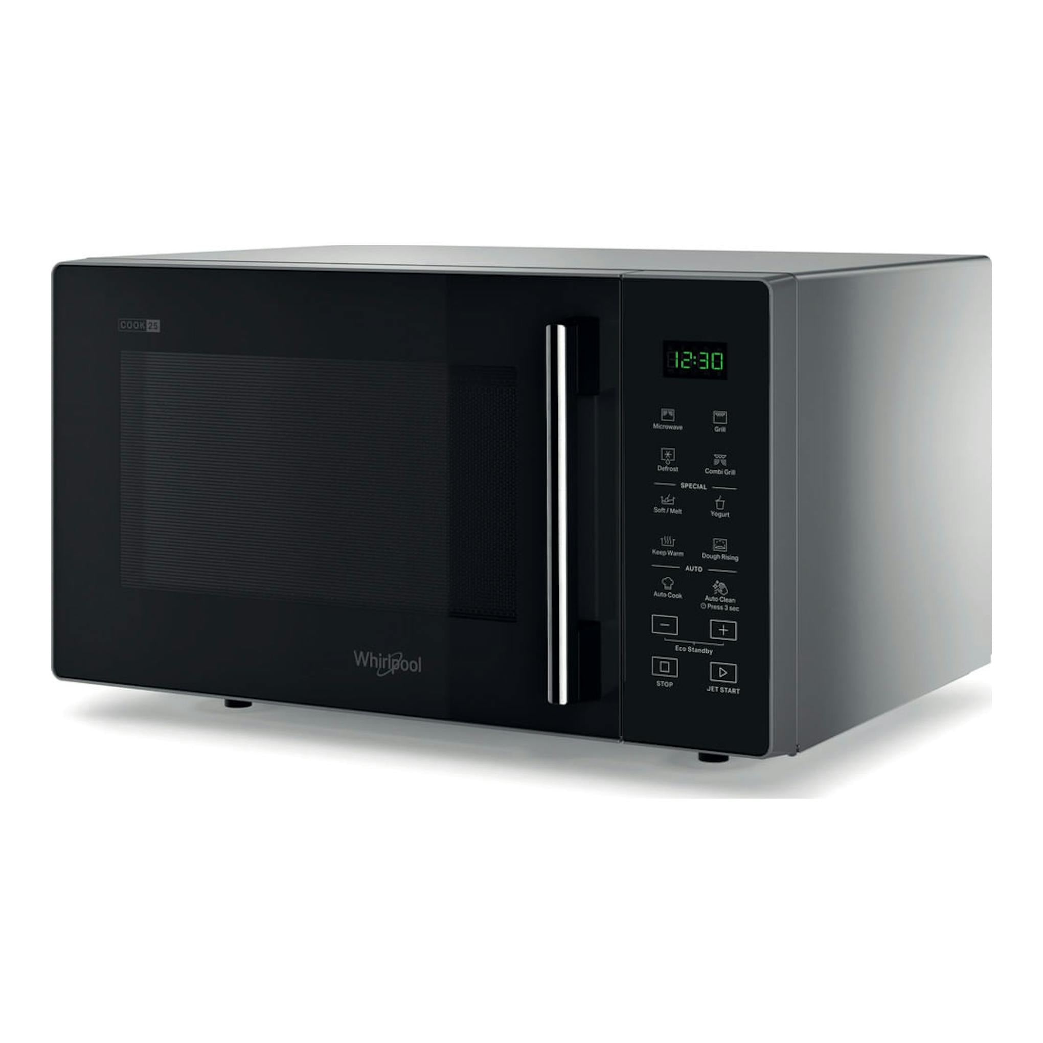 Microondas con grill Whirlpool MWP 253 SB negro, vista frontal en ángulo derecho, con panel digital.