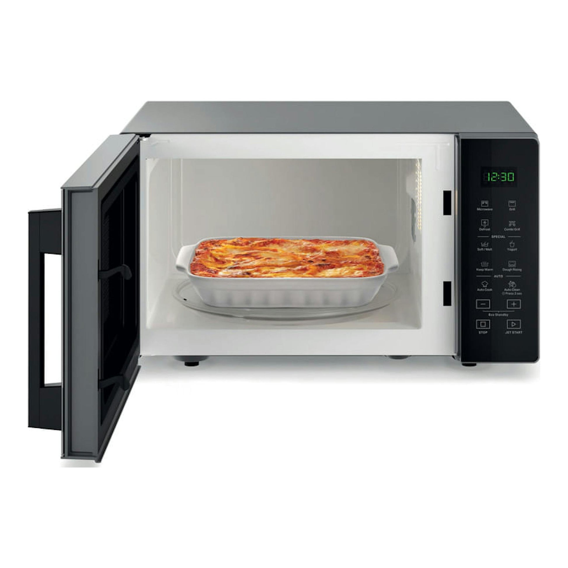 Microondas con grill Whirlpool MWP 253 SB negro, vista frontal con puerta abierta y bandeja con comida.