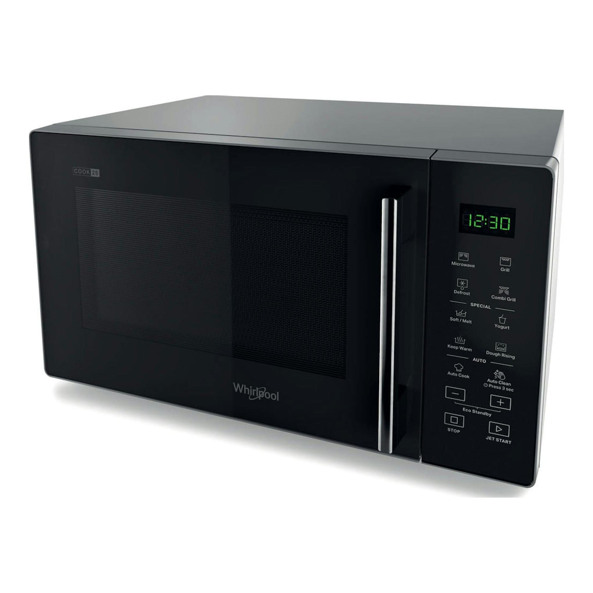 Microondas con grill Whirlpool MWP 253 SB, negro, vista en ángulo frontal con panel digital.