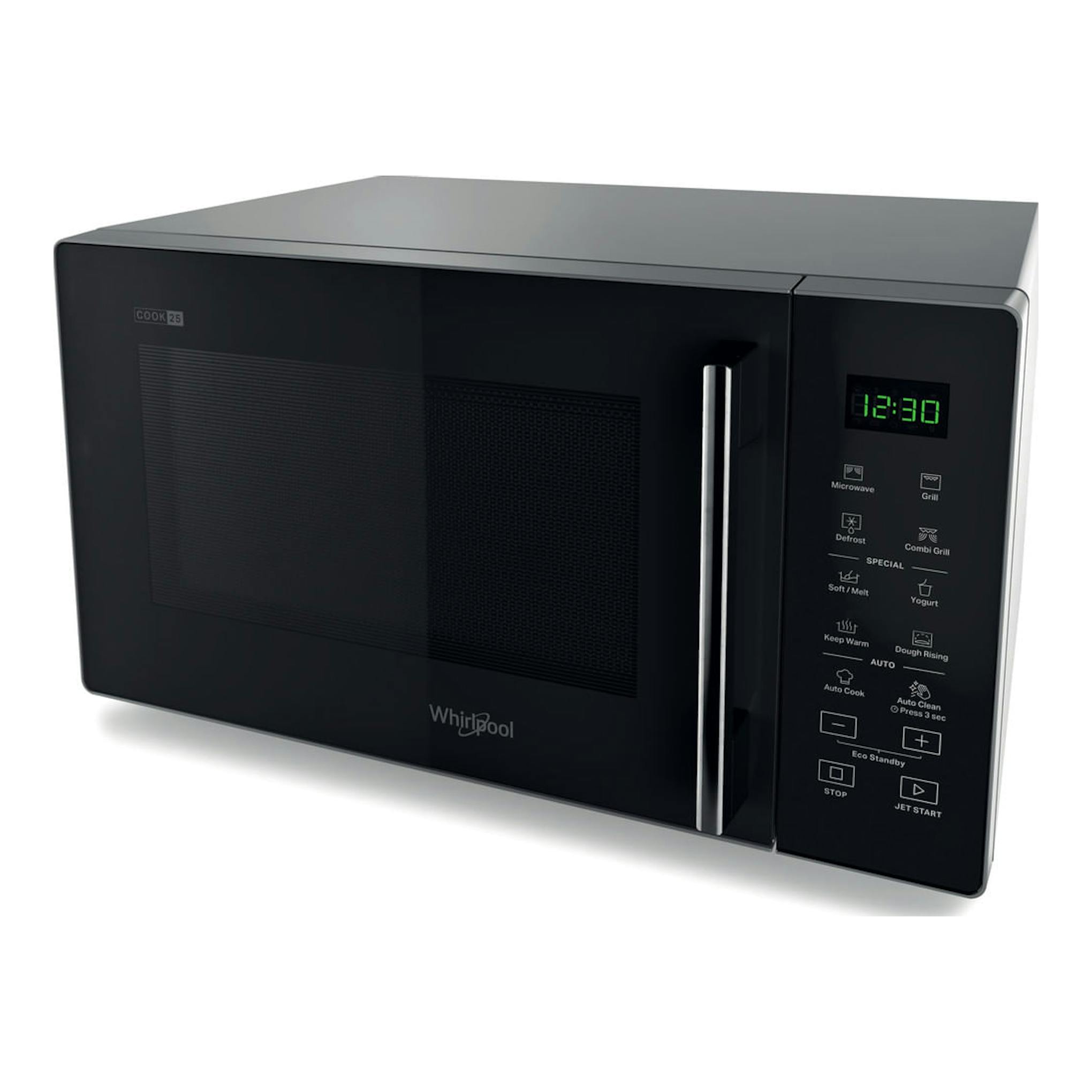 Microondas con grill Whirlpool MWP 253 SB, negro, vista en ángulo frontal con panel digital.