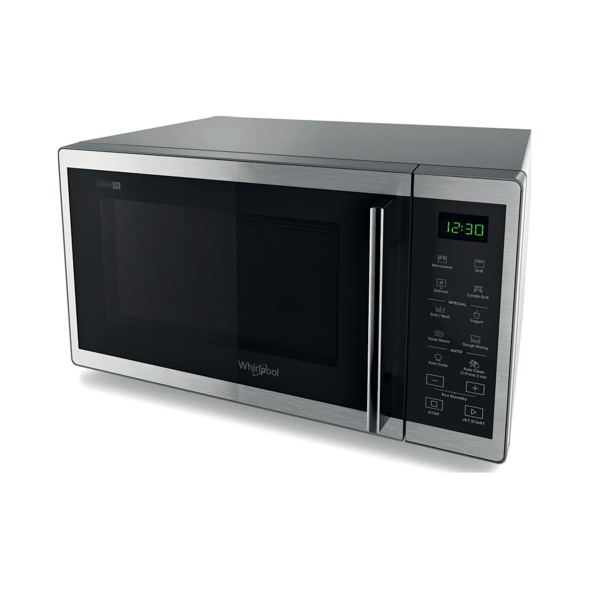 Microondas con grill Whirlpool MWP 253 SX inox, vista frontal en ángulo, con panel digital y puerta negra.
