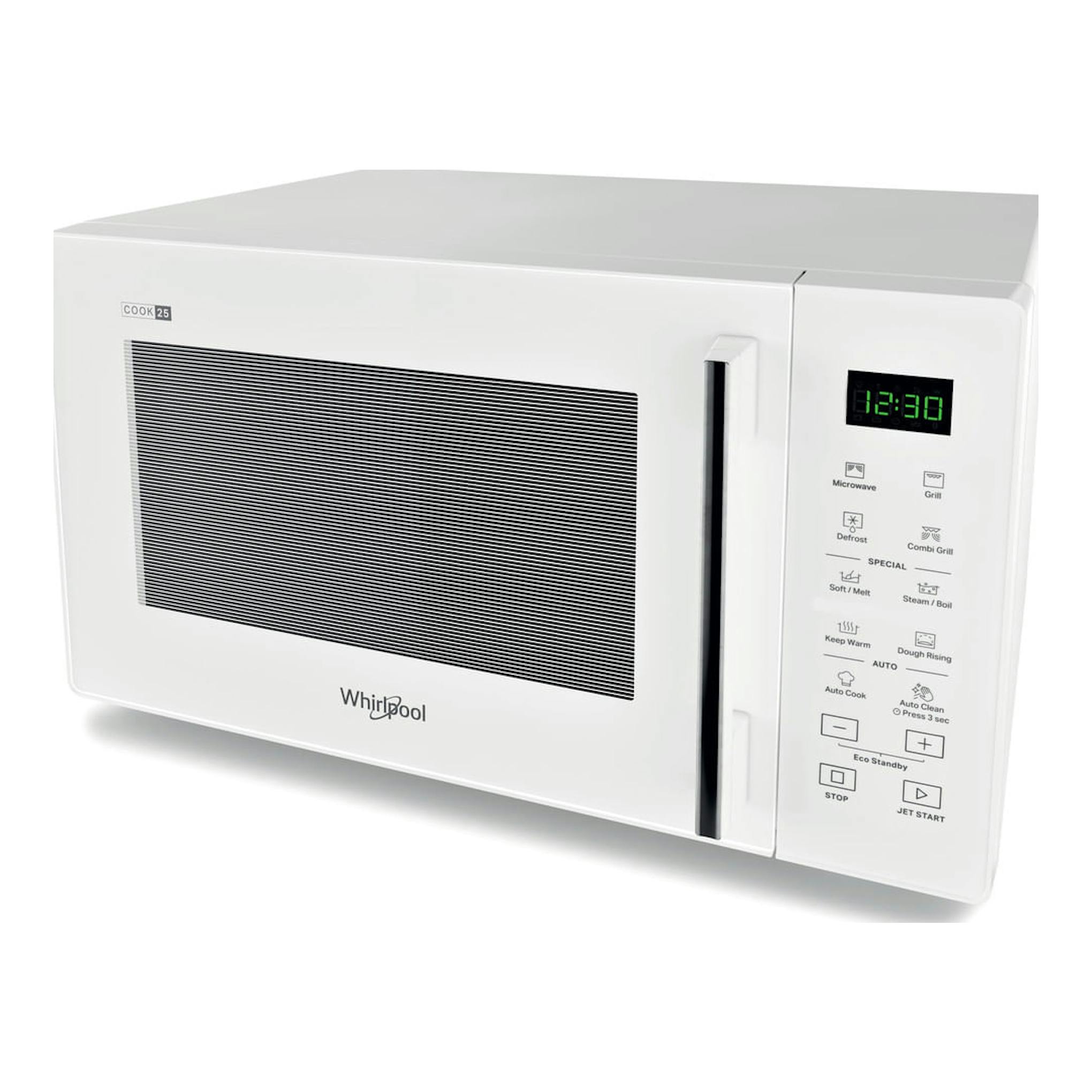 Microondas Whirlpool MWP 254 W blanco, vista frontal en ángulo, con panel digital y puerta con rejilla negra.