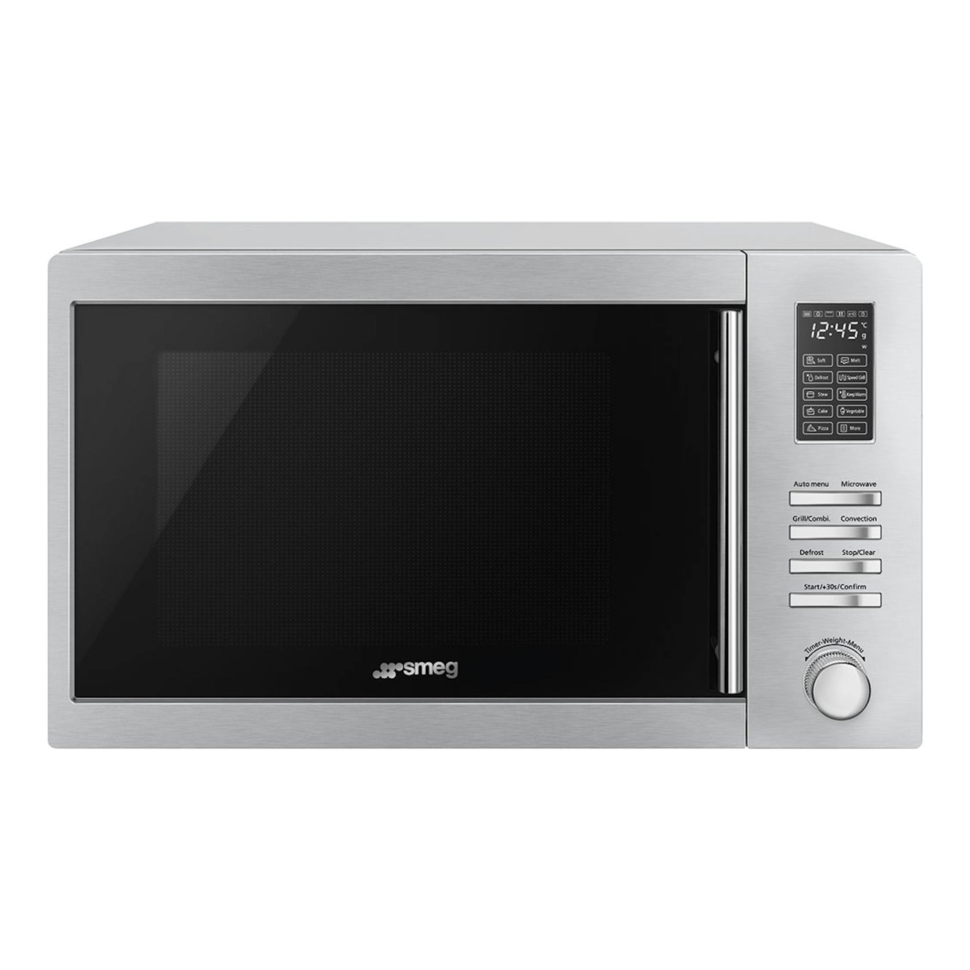 Microondas Smeg MOE34CXI2 de acero inoxidable, vista frontal, con panel digital y puerta negra.