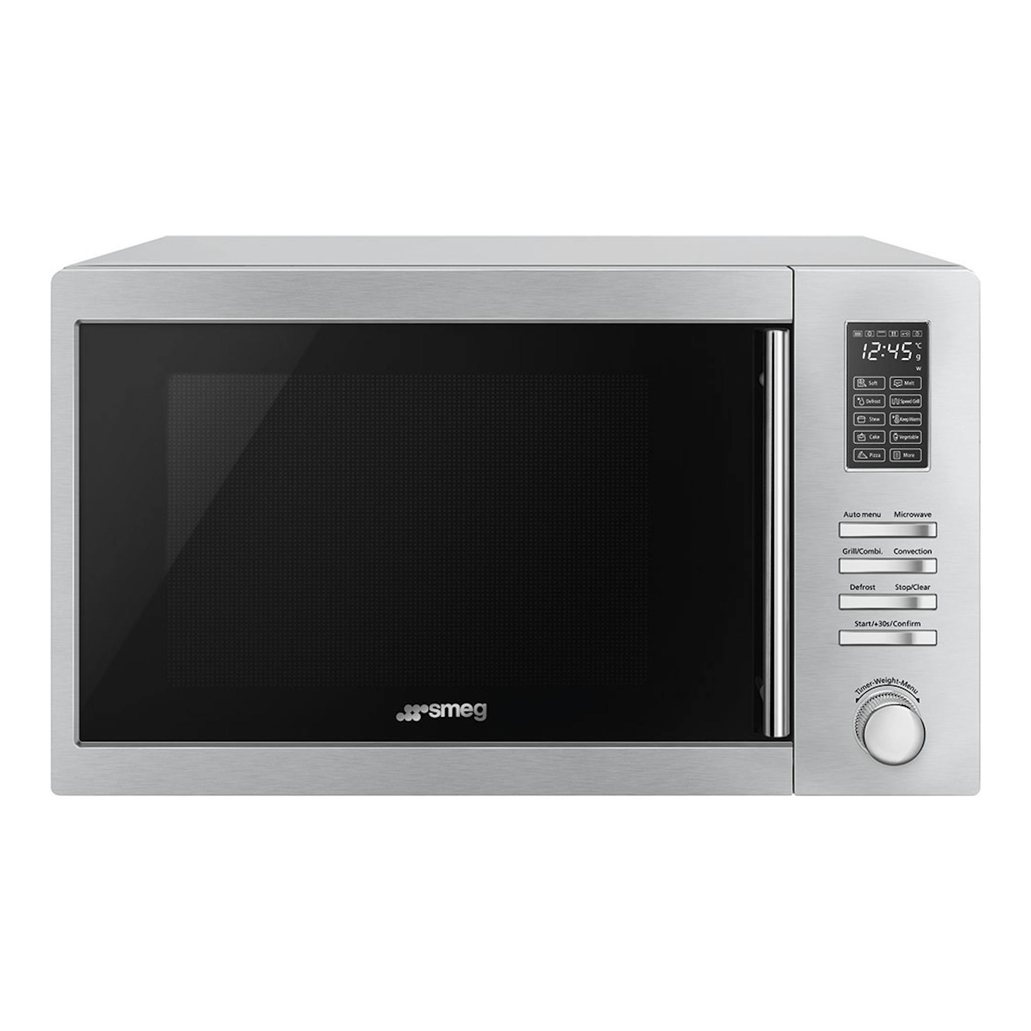 Microondas Smeg MOE34CXI2 de acero inoxidable, vista frontal, con panel digital y puerta negra.