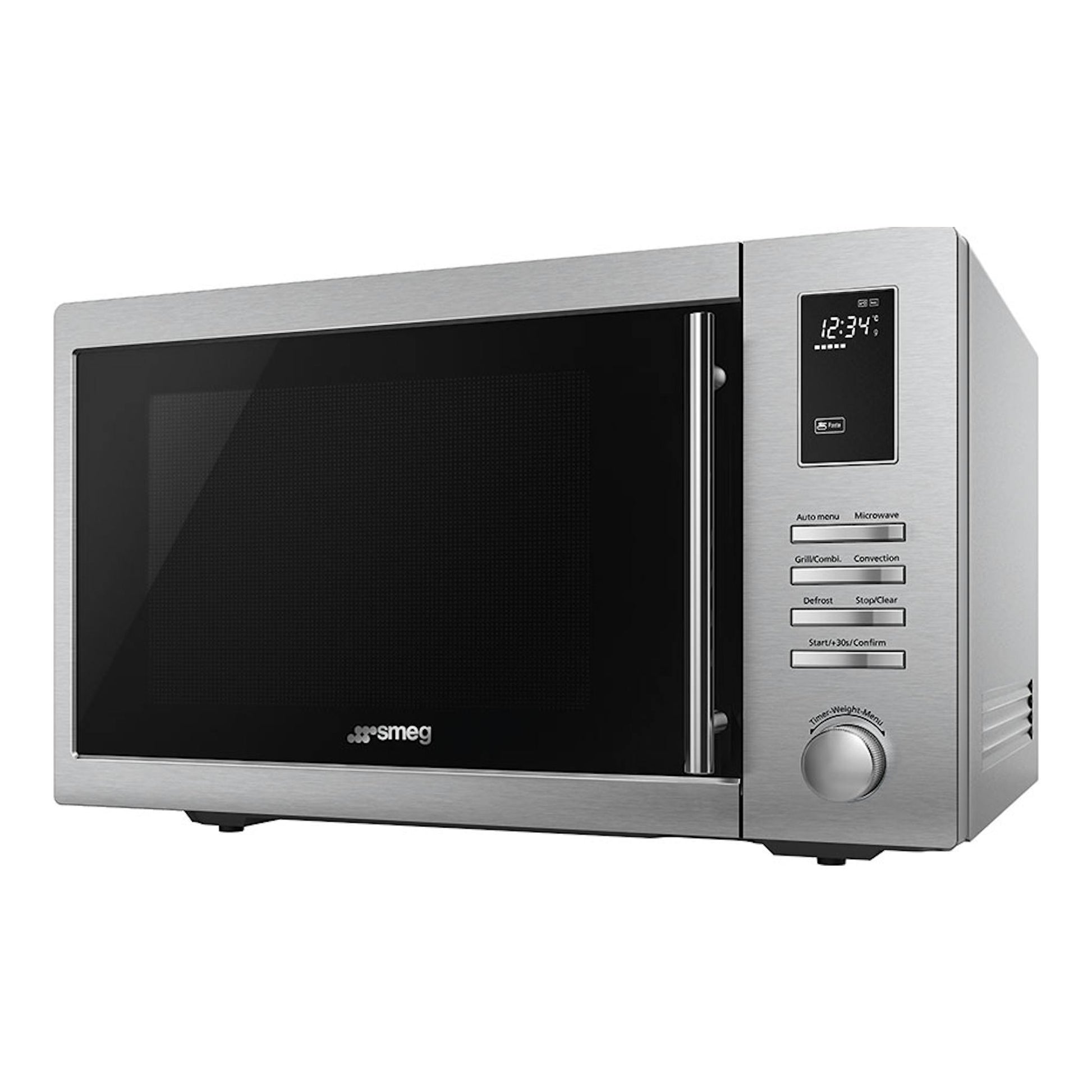 Microondas Smeg MOE34CXI2 de acero inoxidable, vista frontal en ángulo, con puerta negra y panel digital.