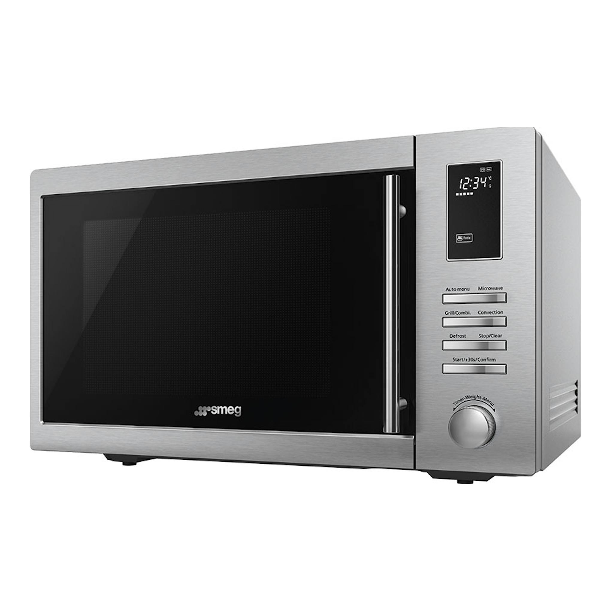 Microondas Smeg MOE34CXI2 de acero inoxidable, vista frontal en ángulo, con puerta negra y panel digital.