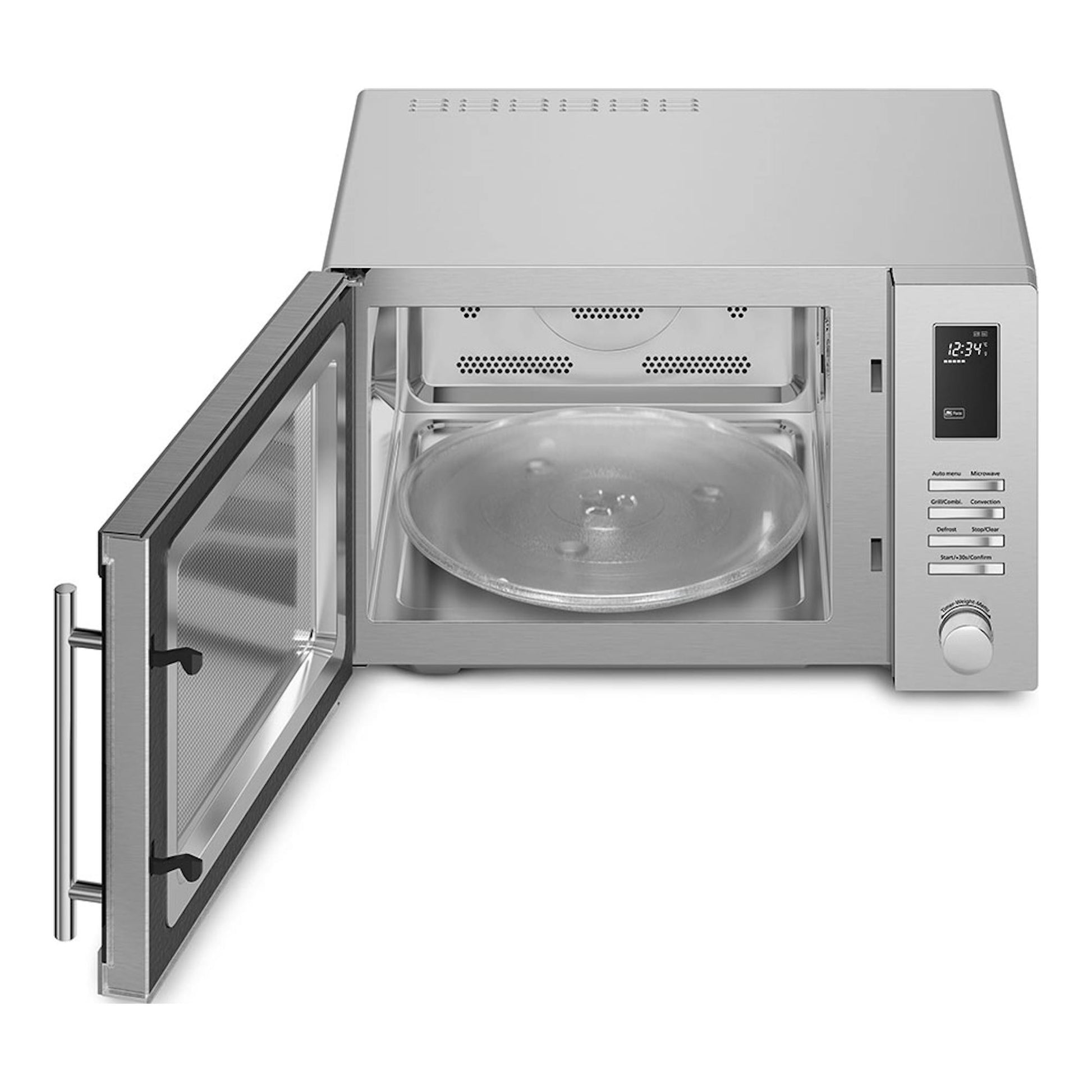 Microondas Smeg MOE34CXI2 de acero inoxidable, vista frontal con la puerta abierta.