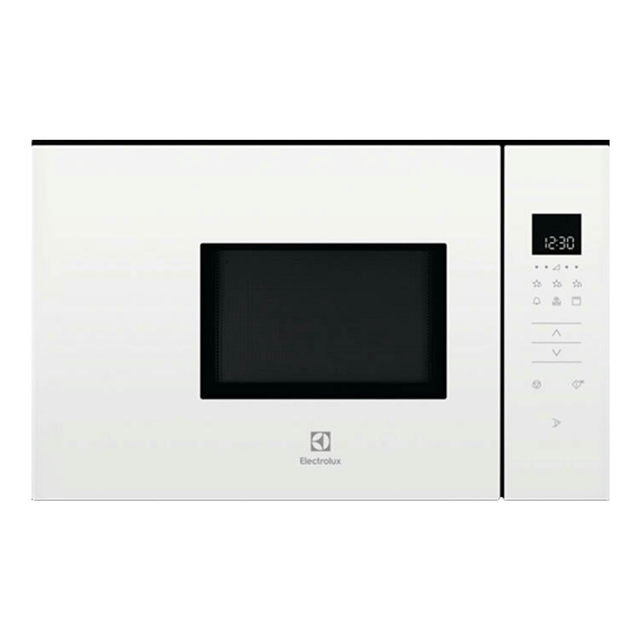 Microondas empotrable Electrolux KMFD172TEW blanco, vista frontal, puerta negra y panel de control a la derecha.
