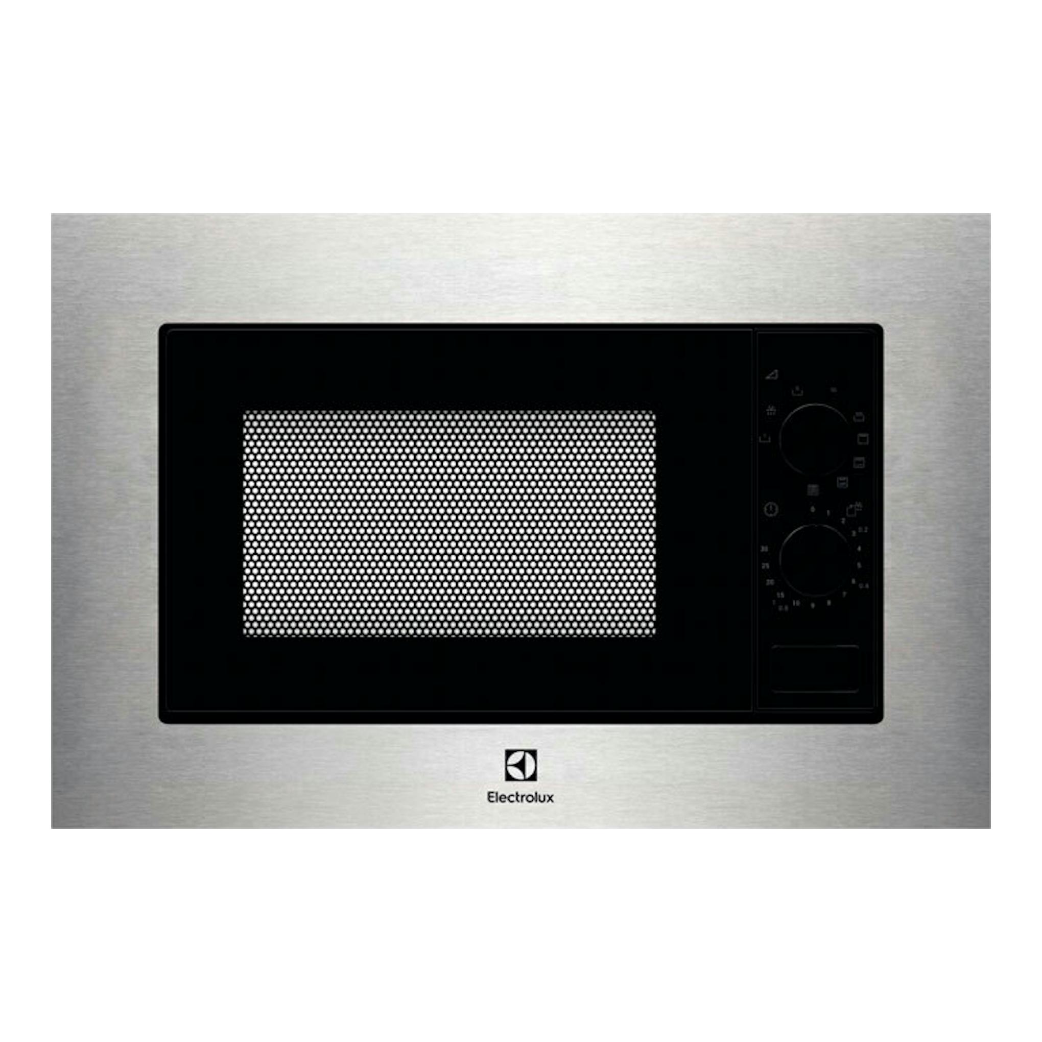 Microondas empotrable Electrolux KMSD203MMX inox, vista frontal, puerta negra y panel lateral derecho.