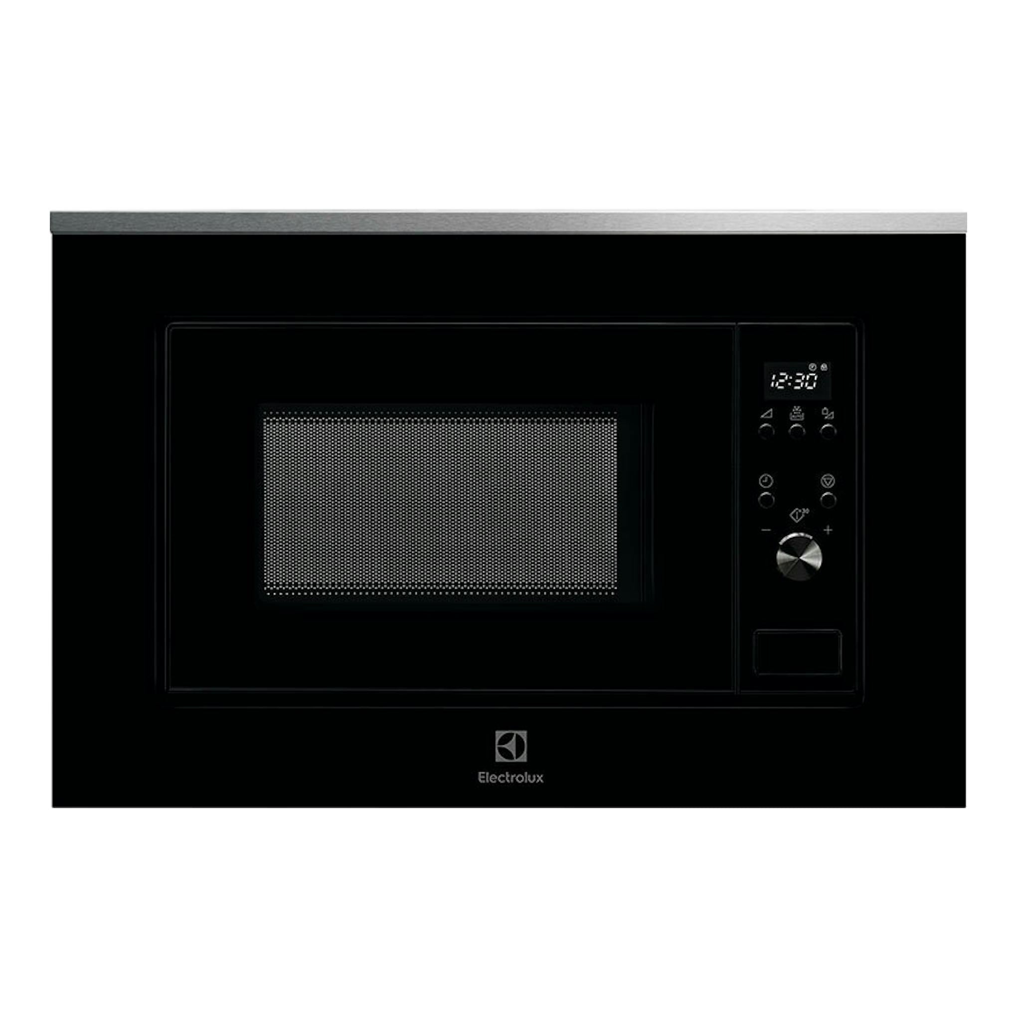 Microondas empotrado Electrolux LMS2173EMX negro, vista frontal, panel digital derecho y marco superior inox.