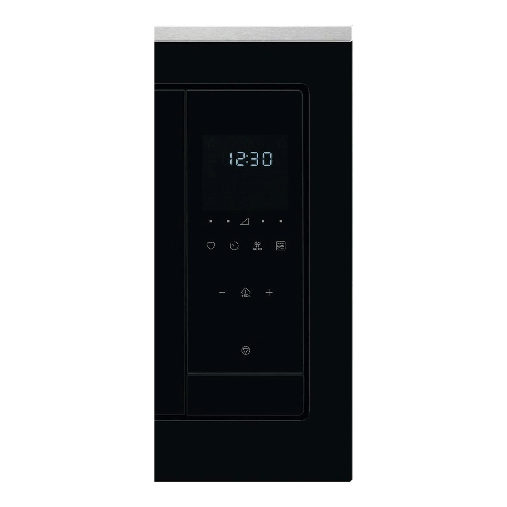 Microondas integrado Electrolux LMS4253TBX negro, vista frontal parcial, con panel táctil y reloj 12:30.