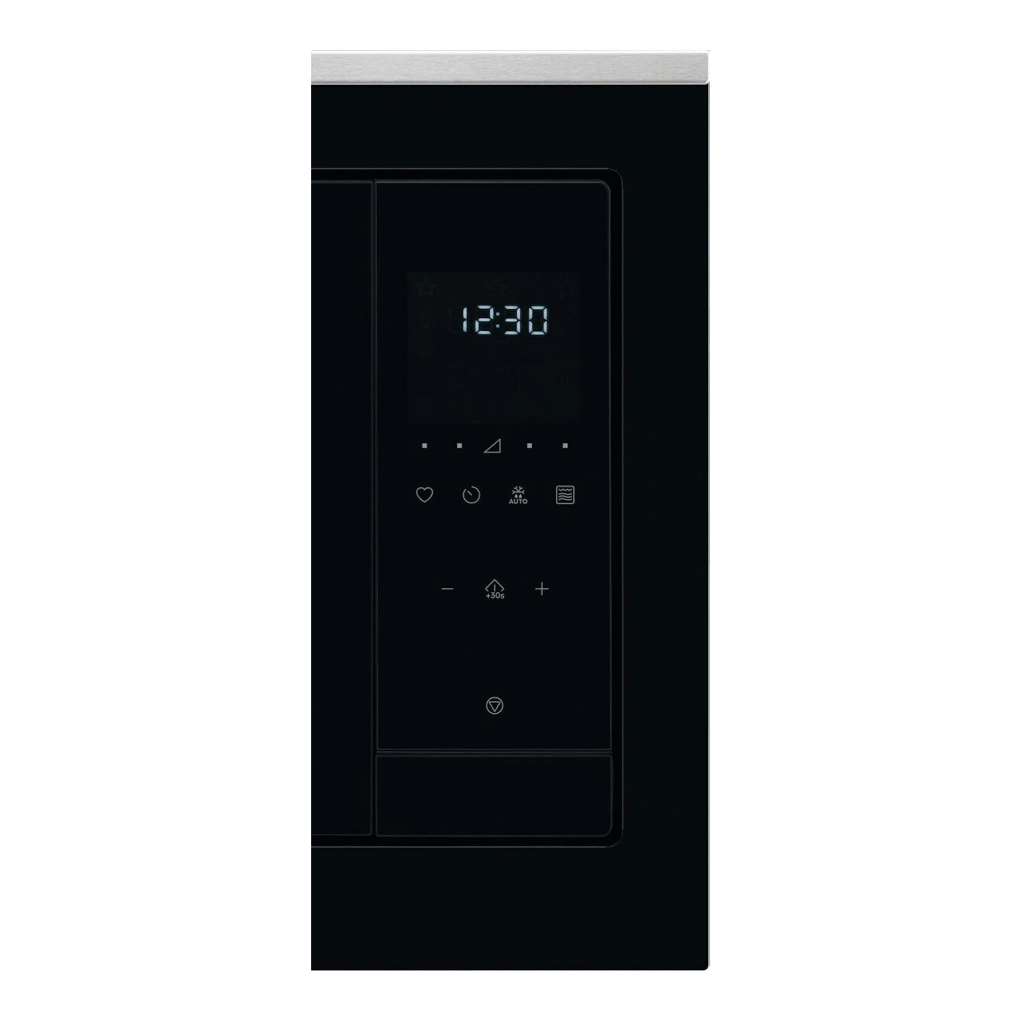 Microondas integrado Electrolux LMS4253TBX negro, vista frontal parcial, con panel táctil y reloj 12:30.