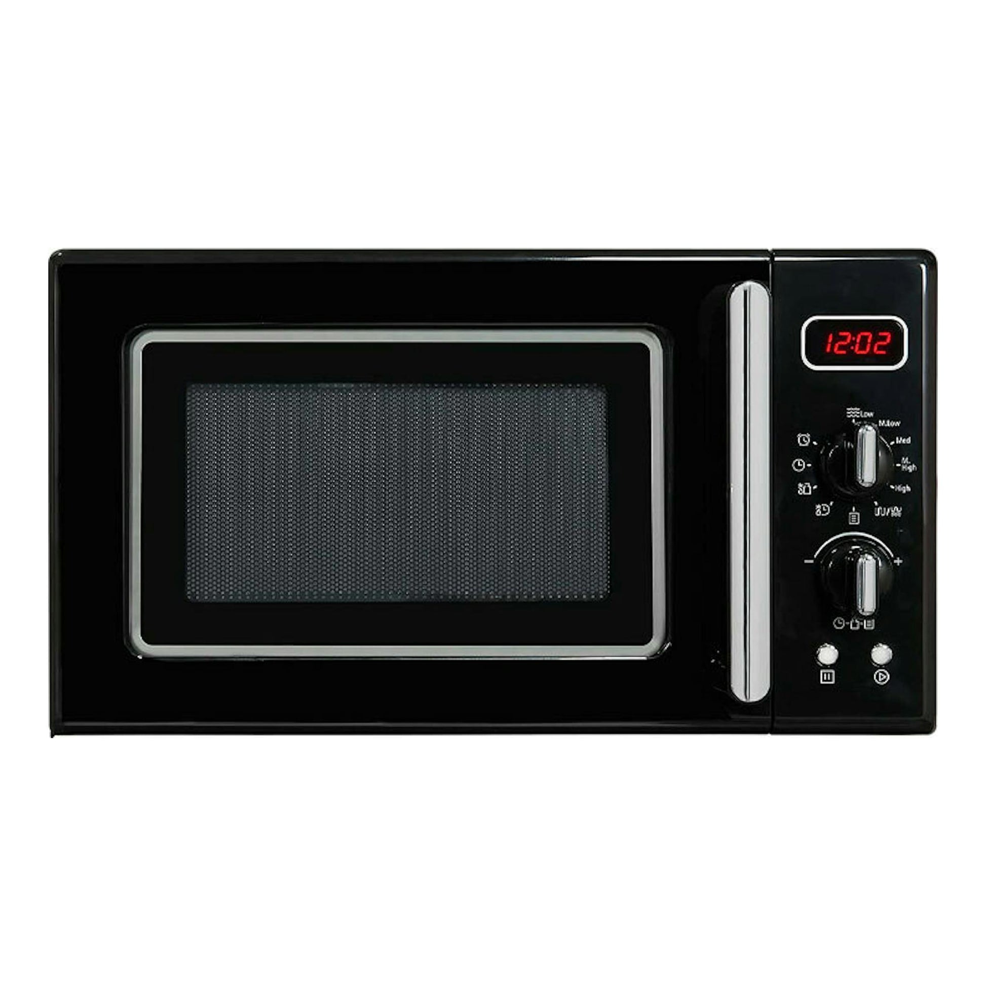 Microondas Exquisit RMW7203 DIG negro, vista frontal, con pantalla digital y dos mandos laterales.