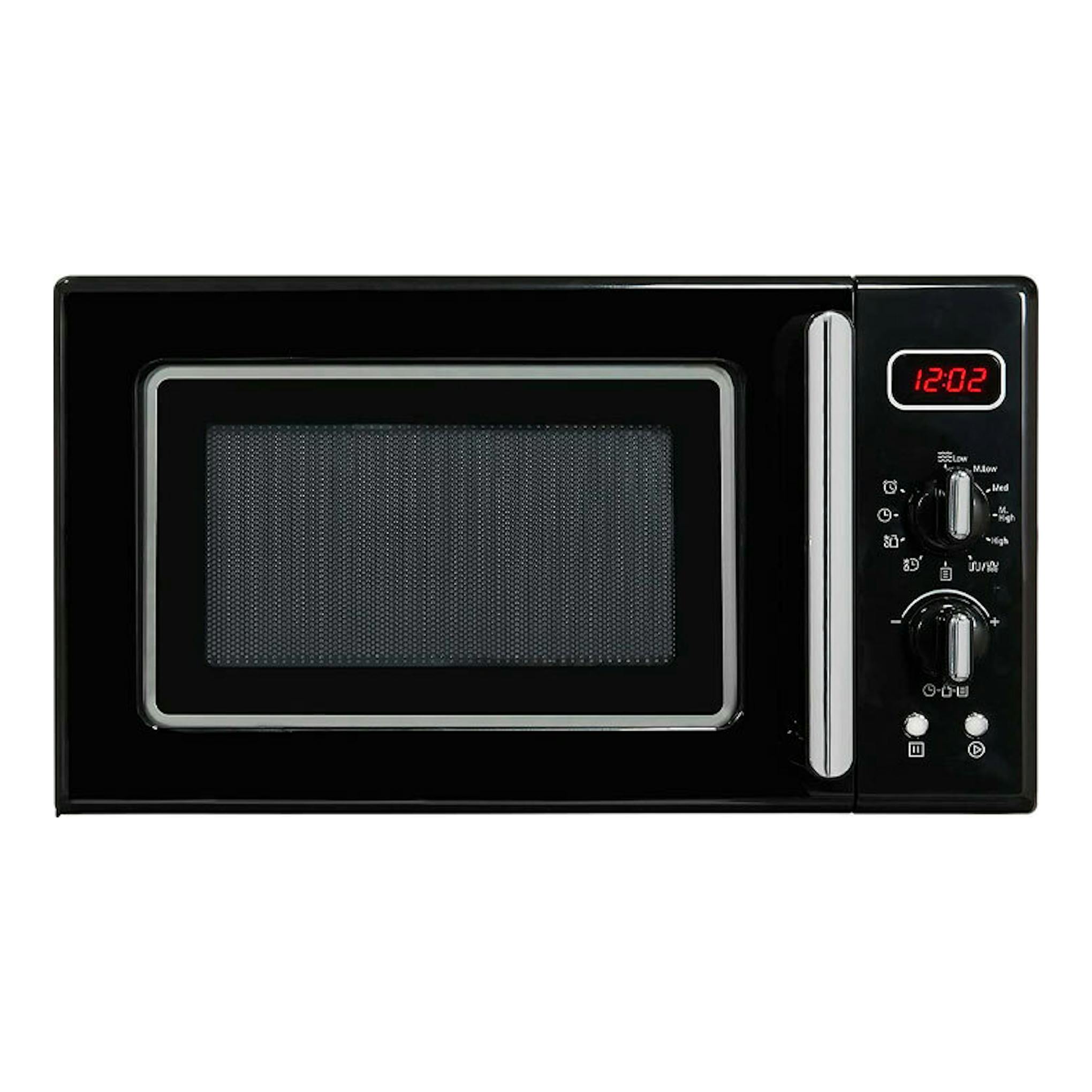 Microondas Exquisit RMW7203 DIG negro, vista frontal, con pantalla digital y dos mandos laterales.