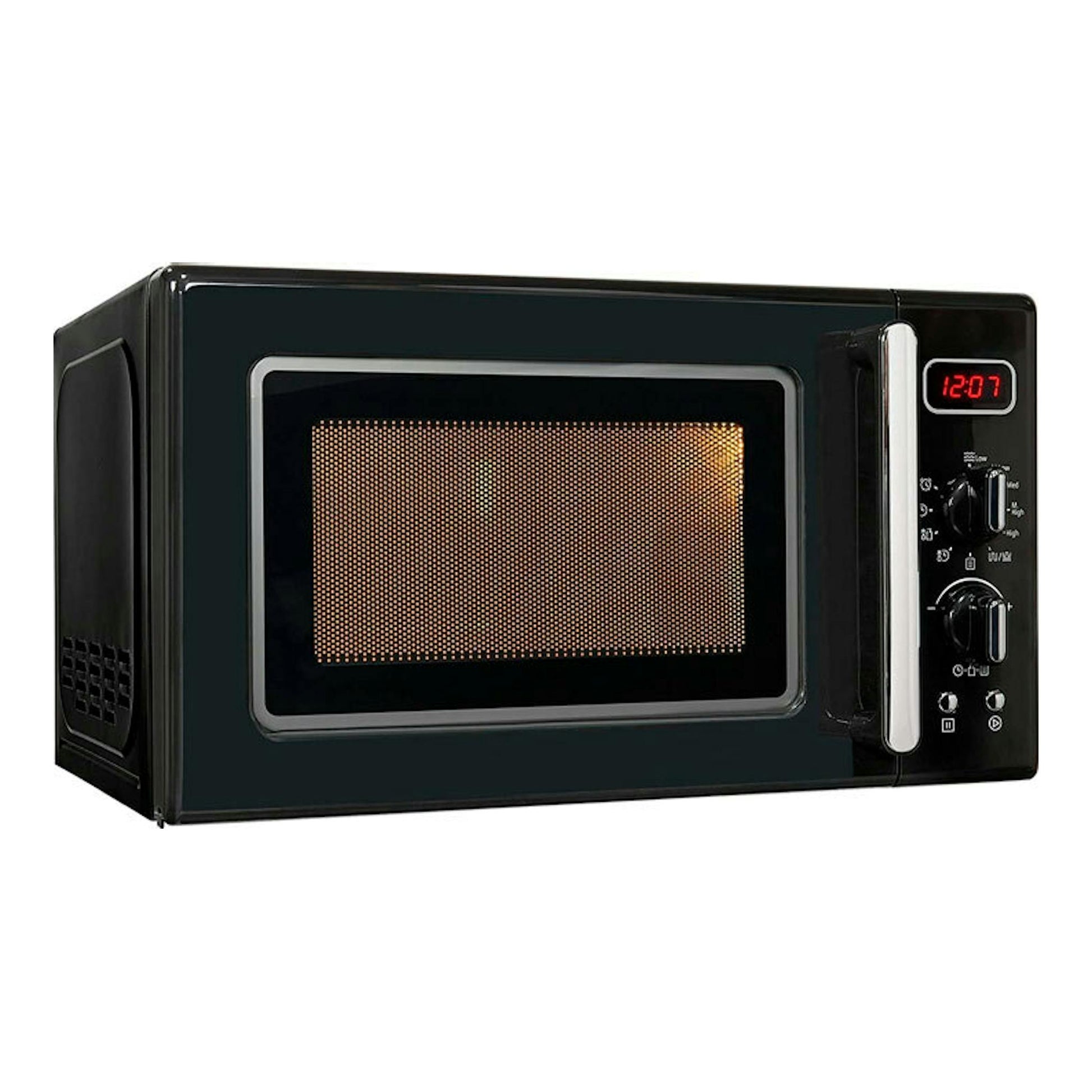 Microondas Exquisit RMW7203 DIG negro, vista frontal en ángulo, con pantalla digital y panel de control lateral.