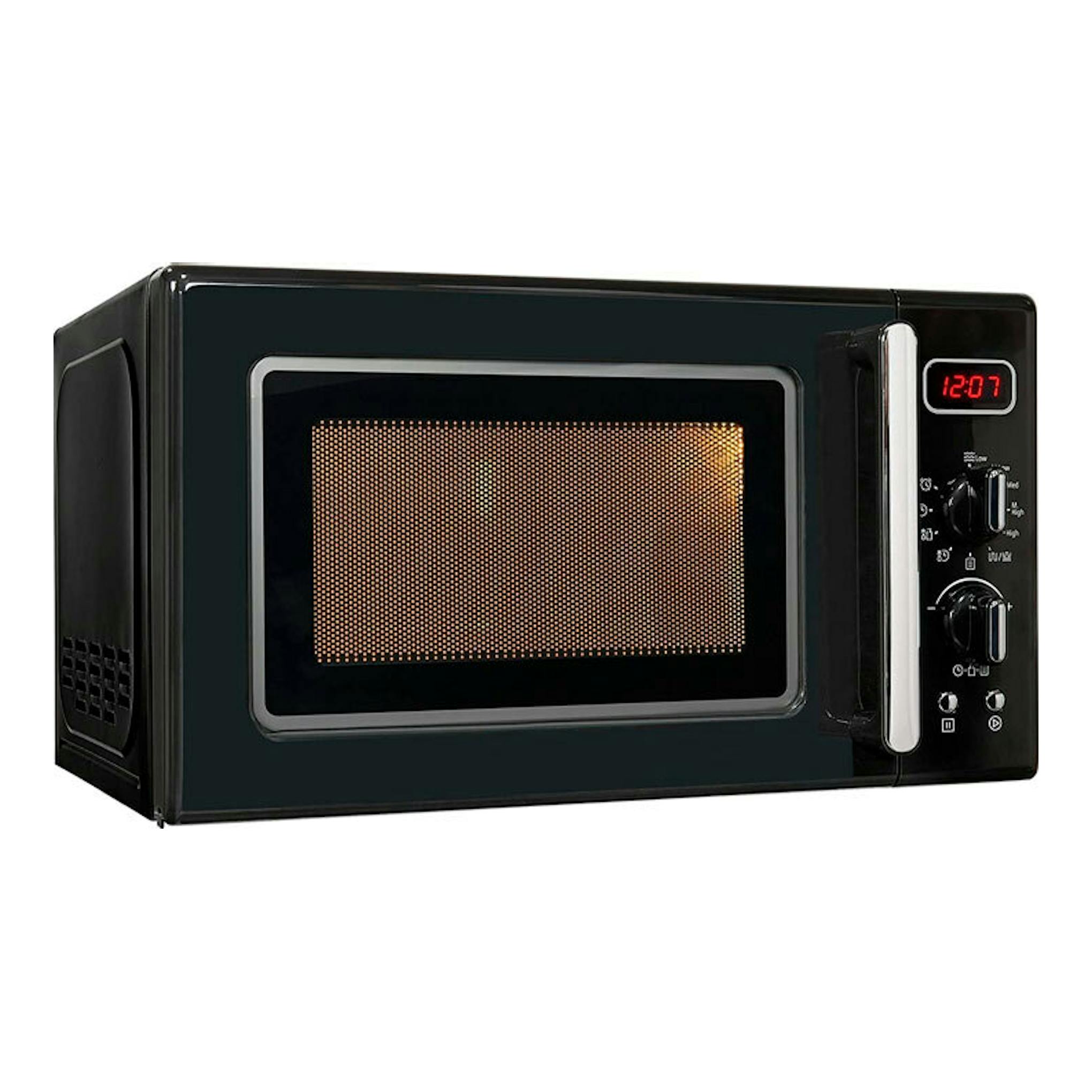 Microondas Exquisit RMW7203 DIG negro, vista frontal en ángulo, con pantalla digital y panel de control lateral.