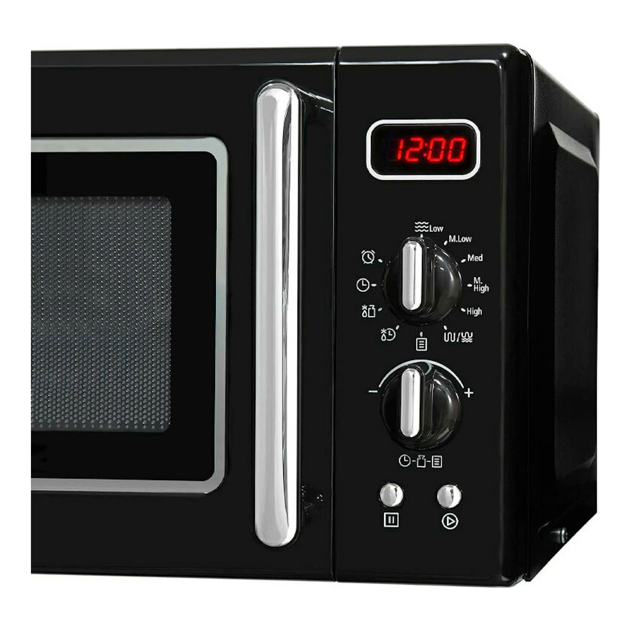 Microondas Exquisit RMW7203 DIG negro, vista frontal derecha, display 12:00 y panel de controles.